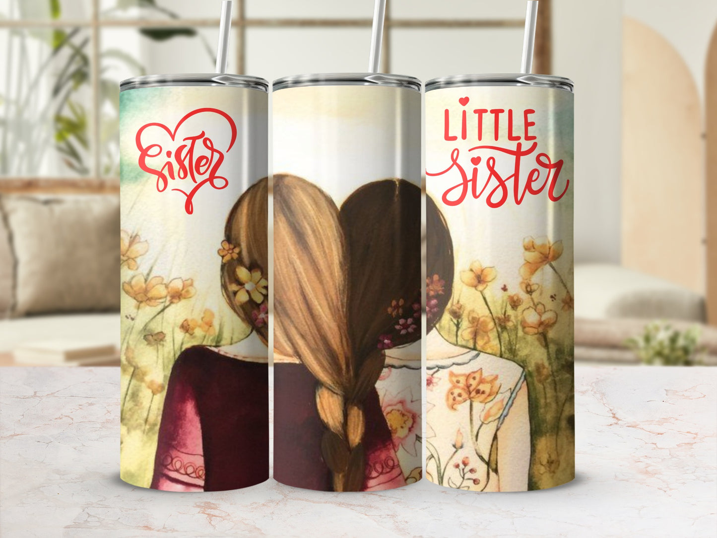 Heartfelt Little Sister Tumbler with Floral Design