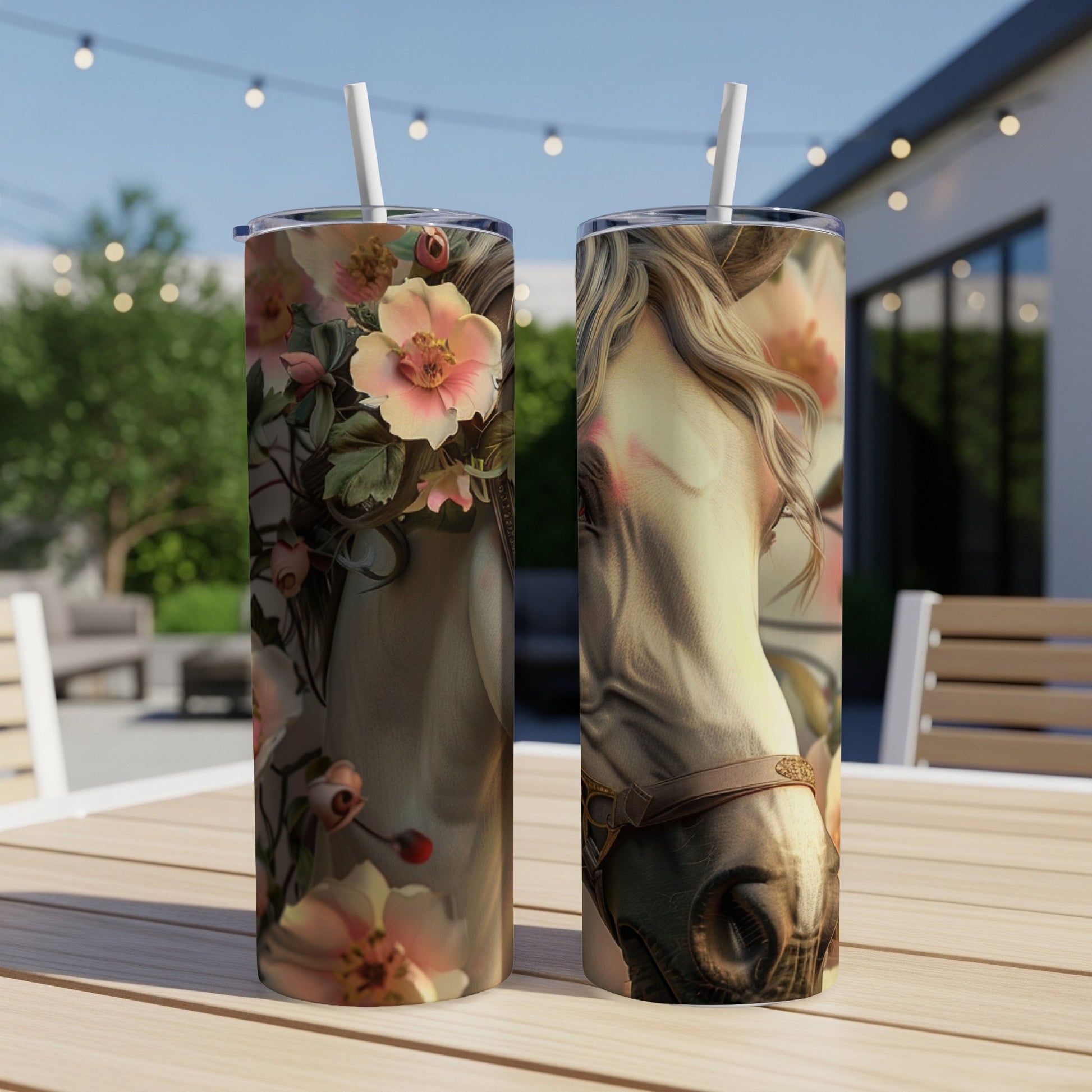 Two tumblers with close-up illustration of a horse's head and floral accents.