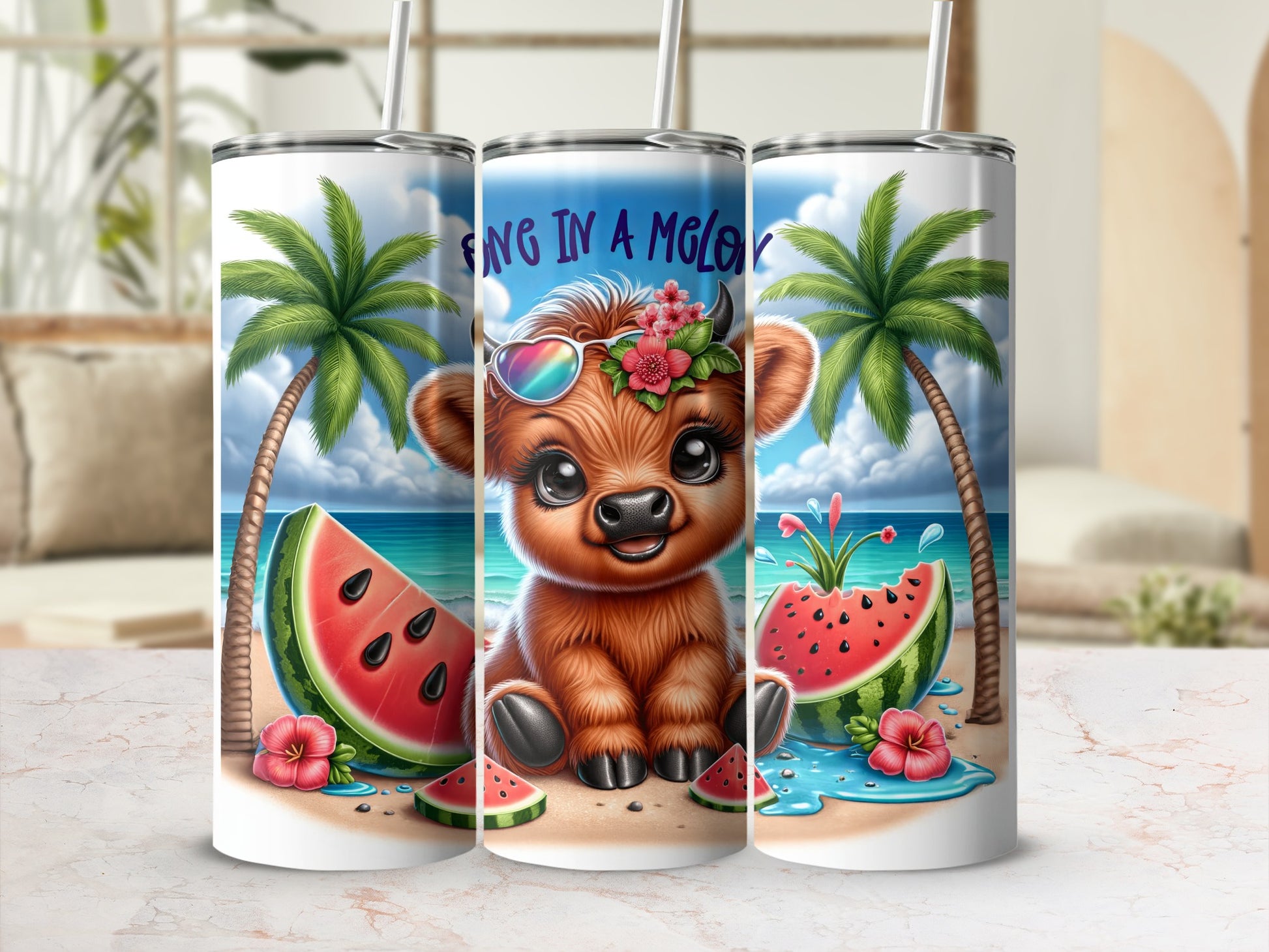 Cow tumbler with sunglasses on beach, watermelon, and palm trees.