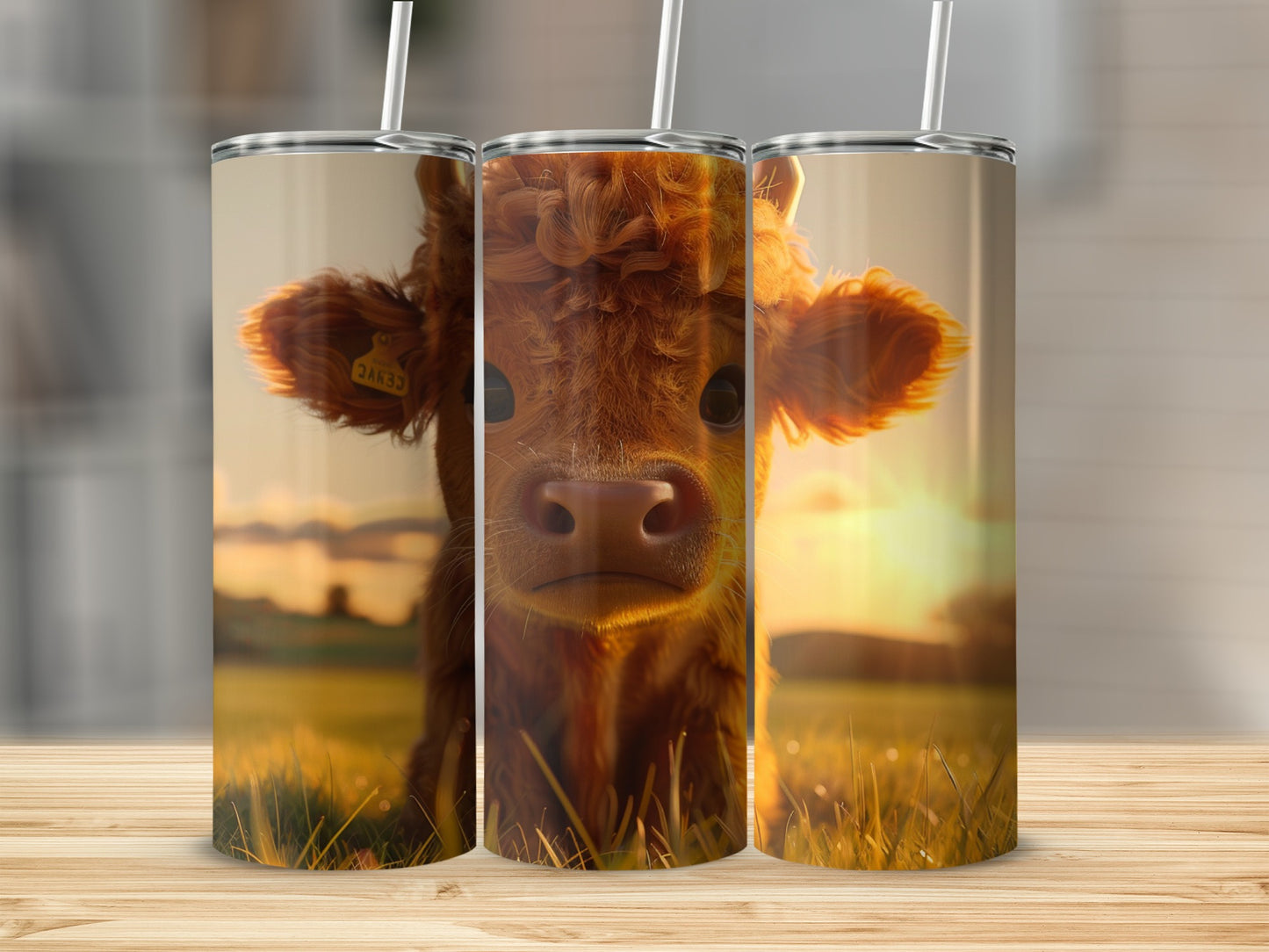 Close-up of a fluffy calf's face on a tumbler with a straw.