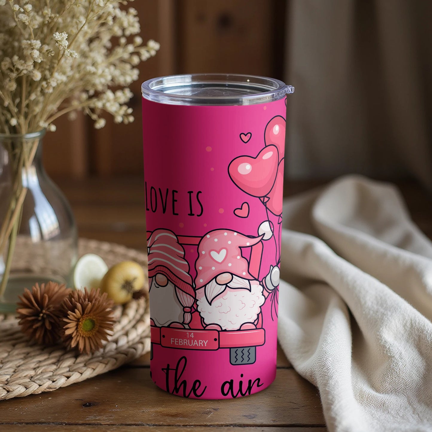 Love Is In The Air Beverage Tumbler with Gnome Design