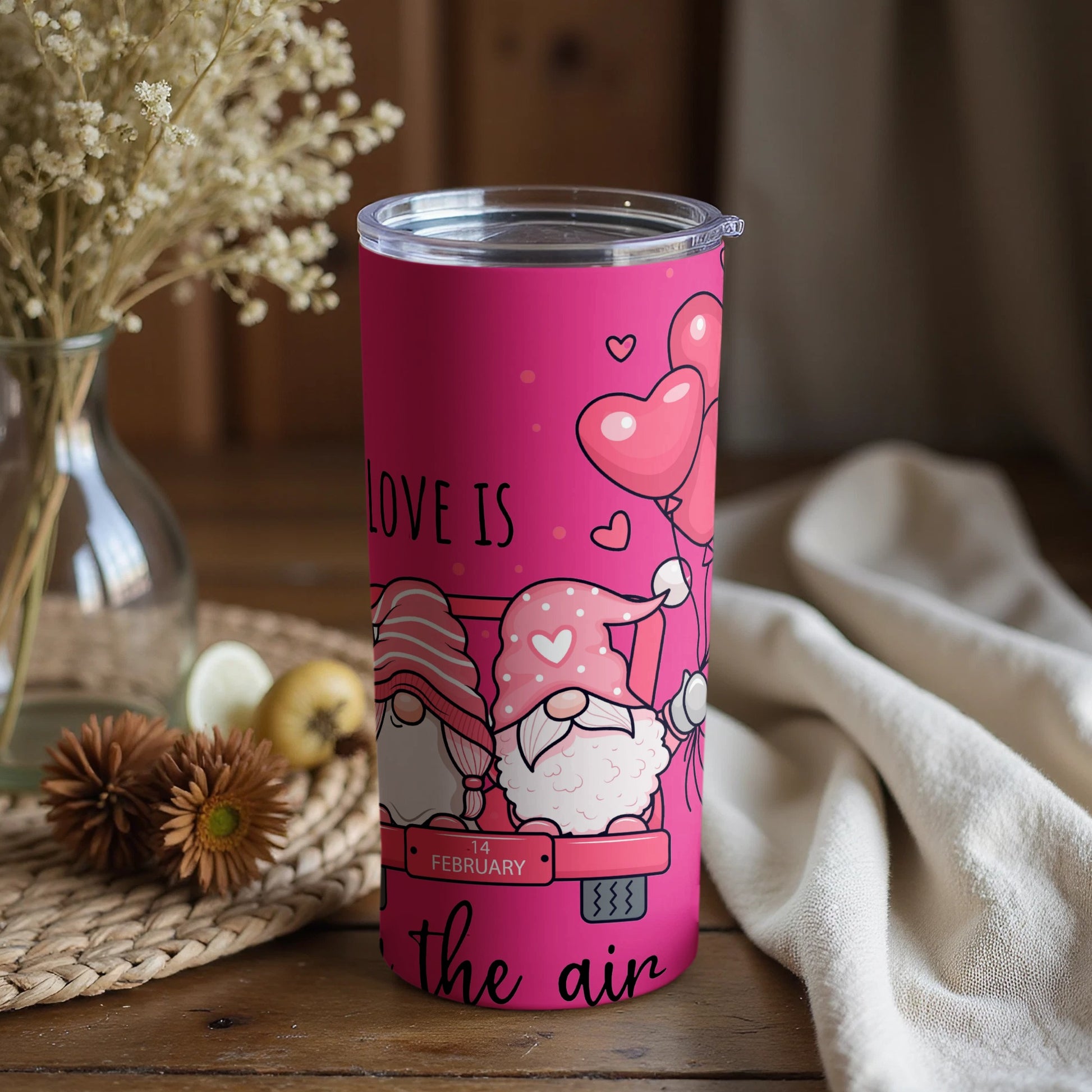 Love Is In The Air Beverage Tumbler with Gnome Design