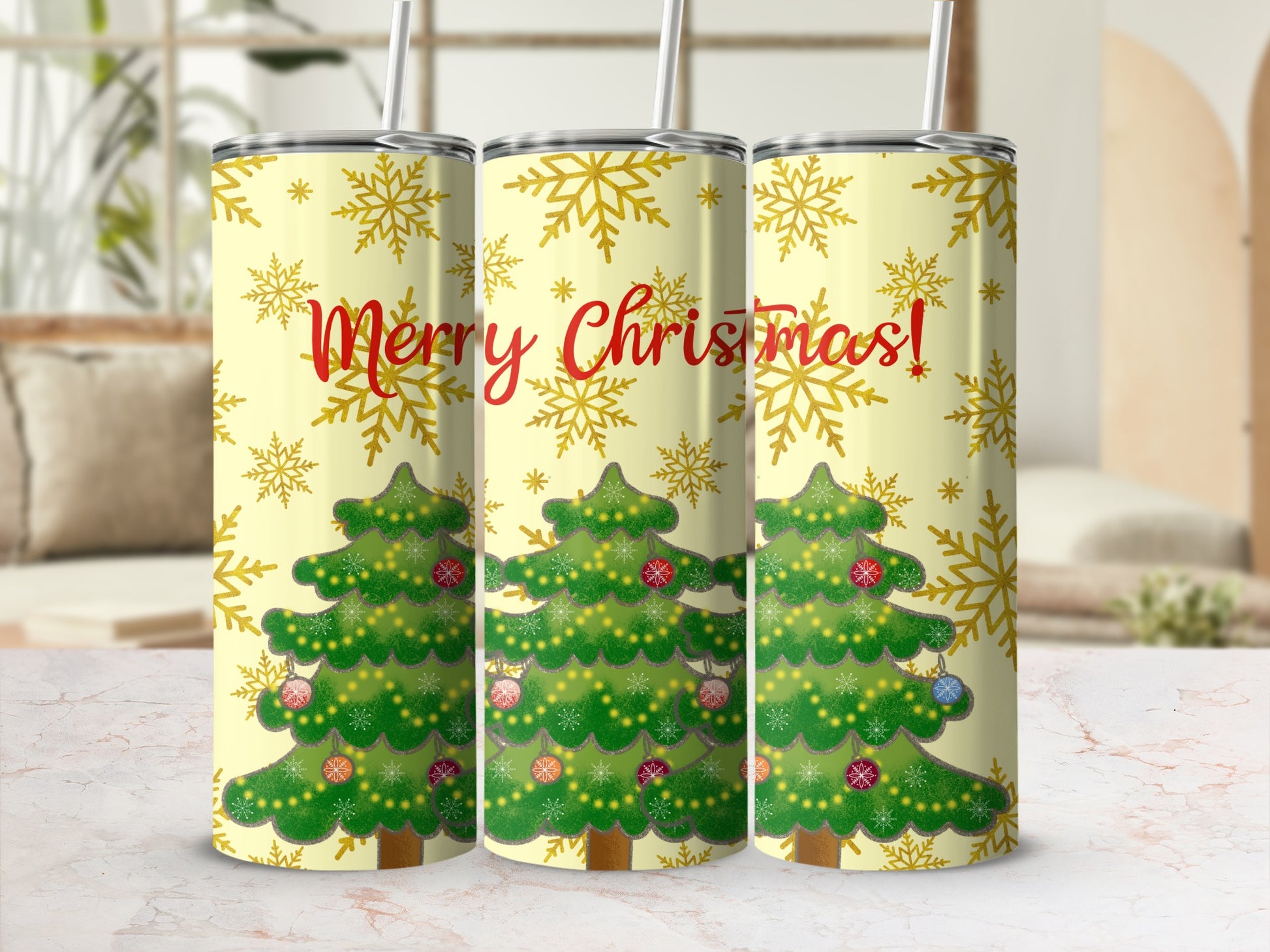 Christmas trees and snowflakes on a yellow tumbler with "Merry Christmas!" text.