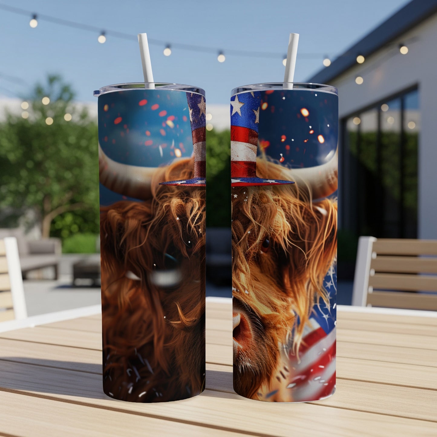 Highland cow with patriotic hat and American flag accents.