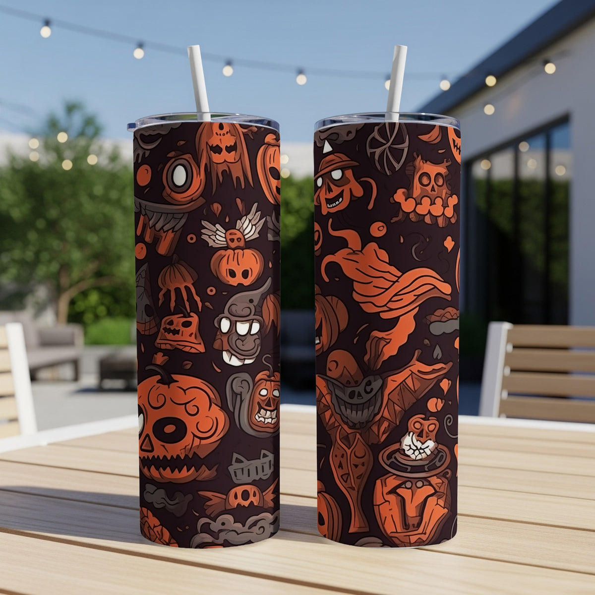 Two tumblers with a dark brown background and orange Halloween character pattern.