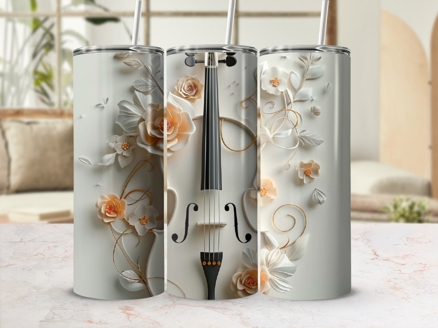 White tumbler with floral and violin design.