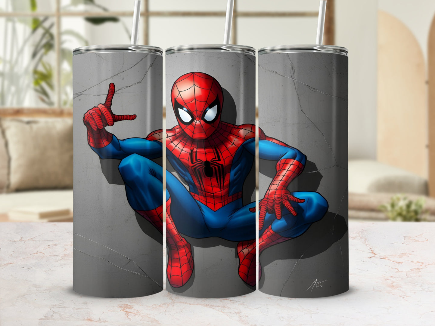 Spiderman in a crouched pose on a grey textured background with a straw in his head.