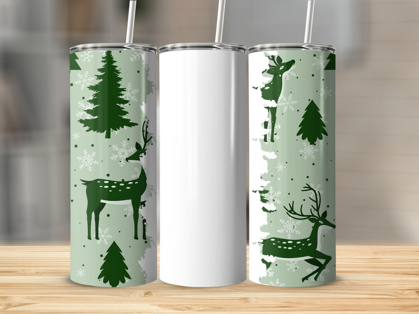 Festive Deer and Trees Design Green Tumbler Product