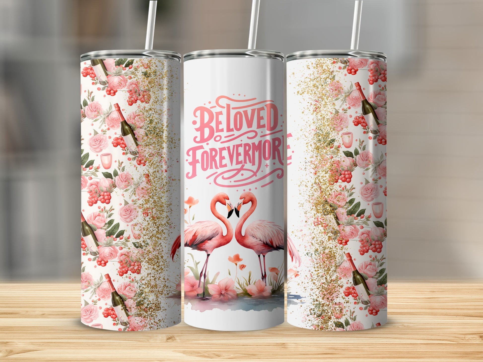 Beloved Forevermore Flamingos Floral Glitter Tumbler