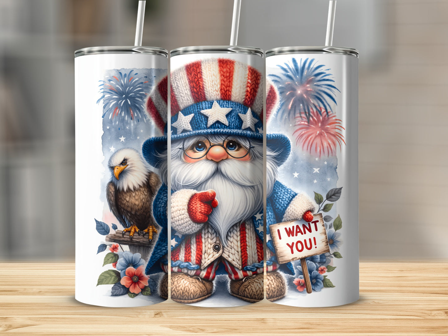 Uncle Sam gnome with eagle holding "I WANT YOU!" sign against fireworks.
