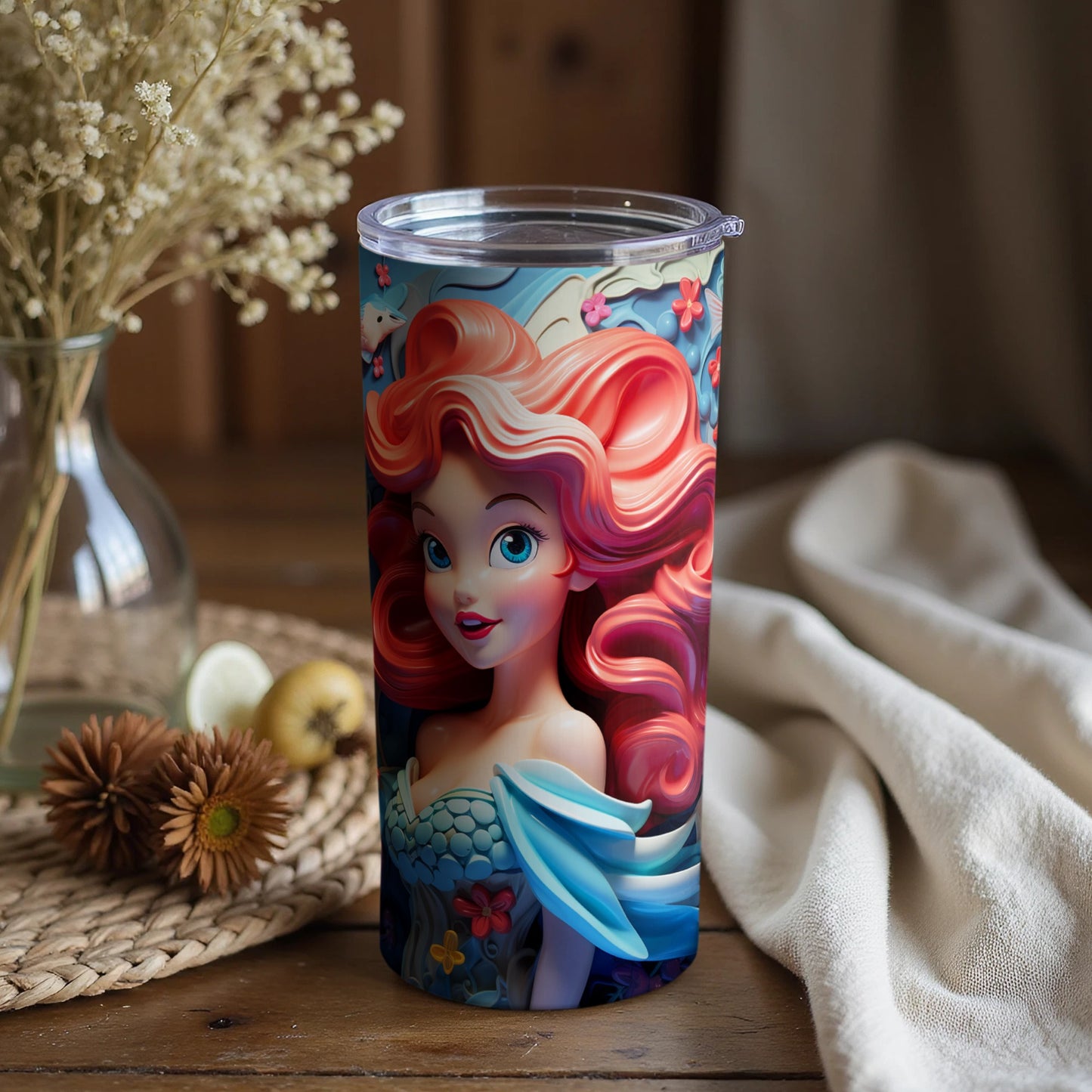 Vibrant Mermaid Design Tumbler With Red Hair Floral Background