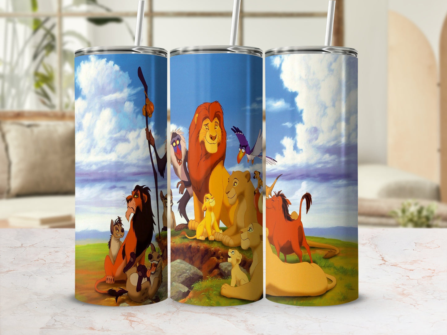 The Lion King characters Mufasa, Simba, Nala, Timon, Pumbaa, and Zazu on a tumbler.