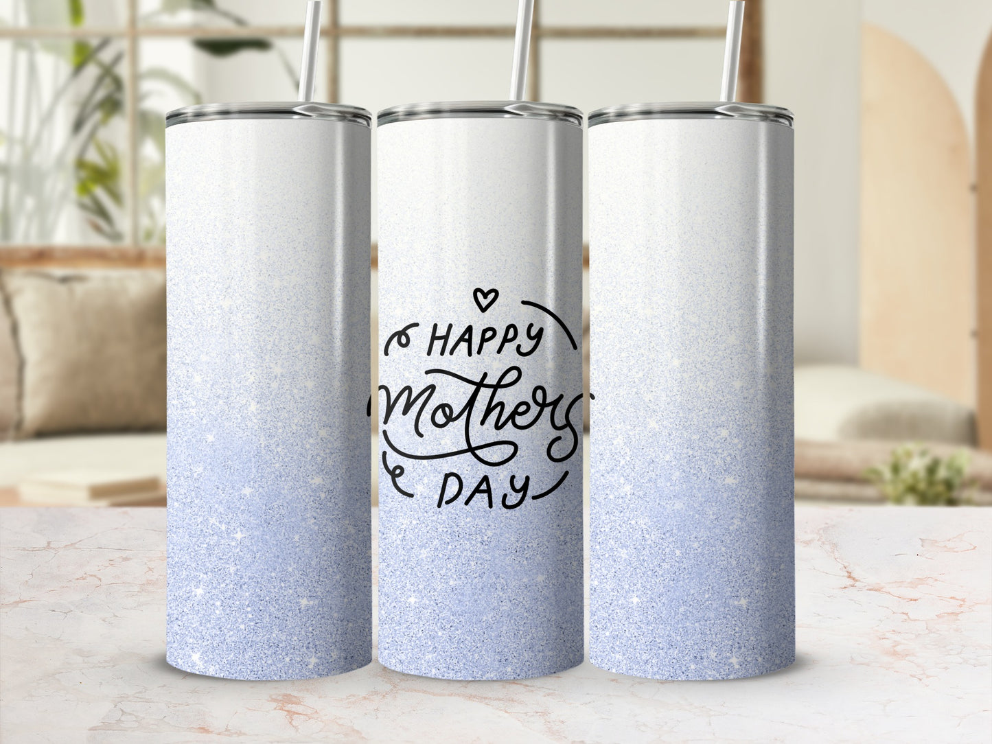White gradient tumbler with "Happy Mother's Day" text and blue glitter.
