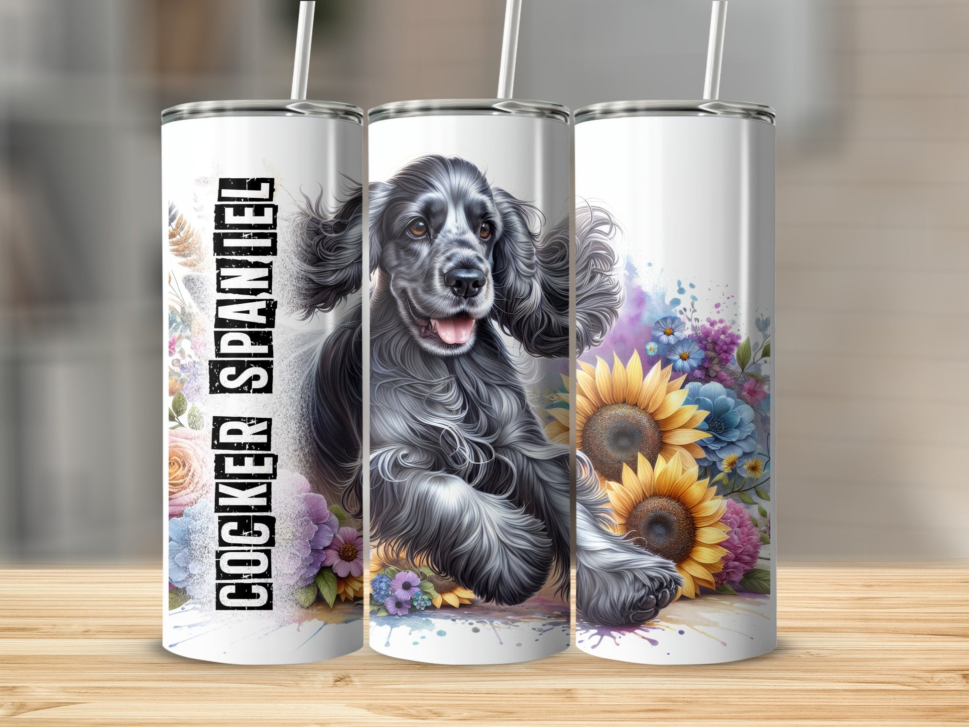 Black and white cocker spaniel with sunflowers and watercolor splashes.