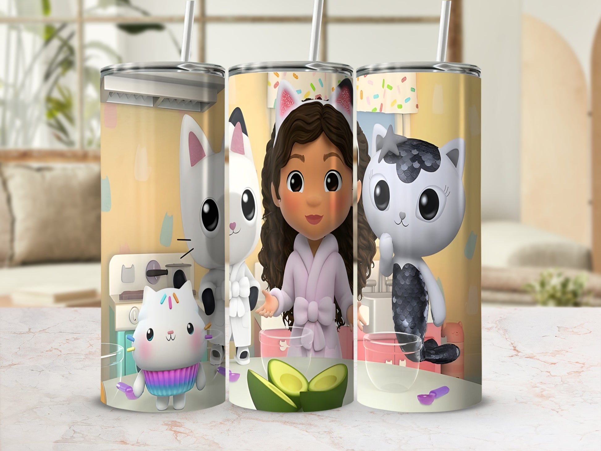 Three Gabby's Dollhouse tumblers featuring Gabby, Pandy Paws, and Cakey Cat.
