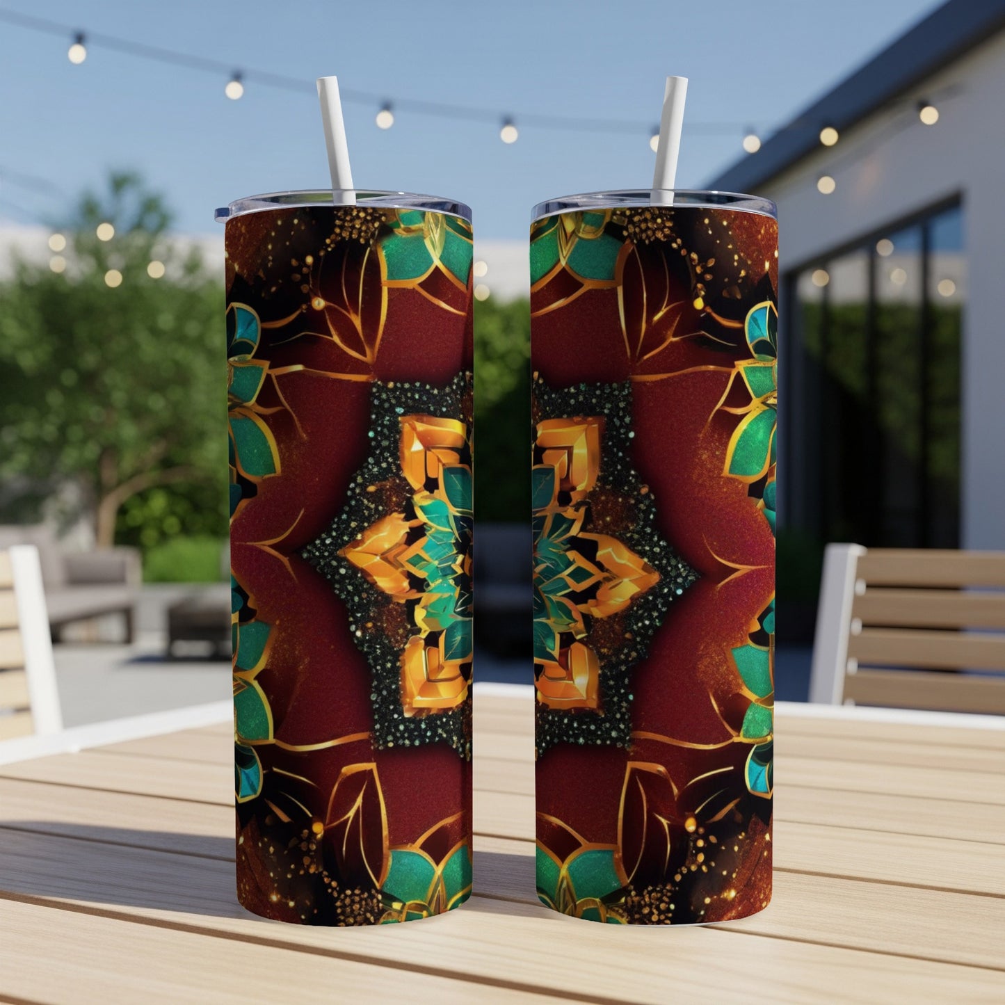 Two tall tumblers with a red, gold, and teal mandala design on a table.