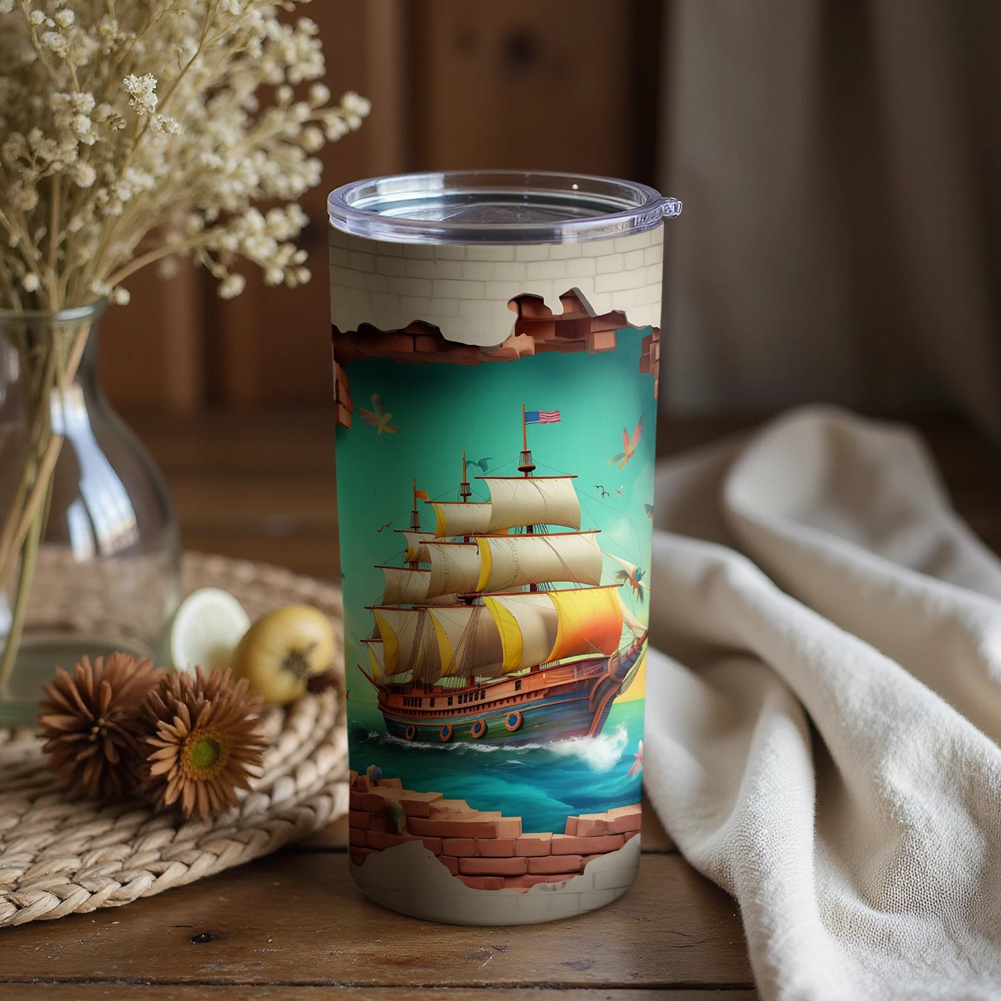 Vintage Ship Sailing Through Brick Wall Tumbler