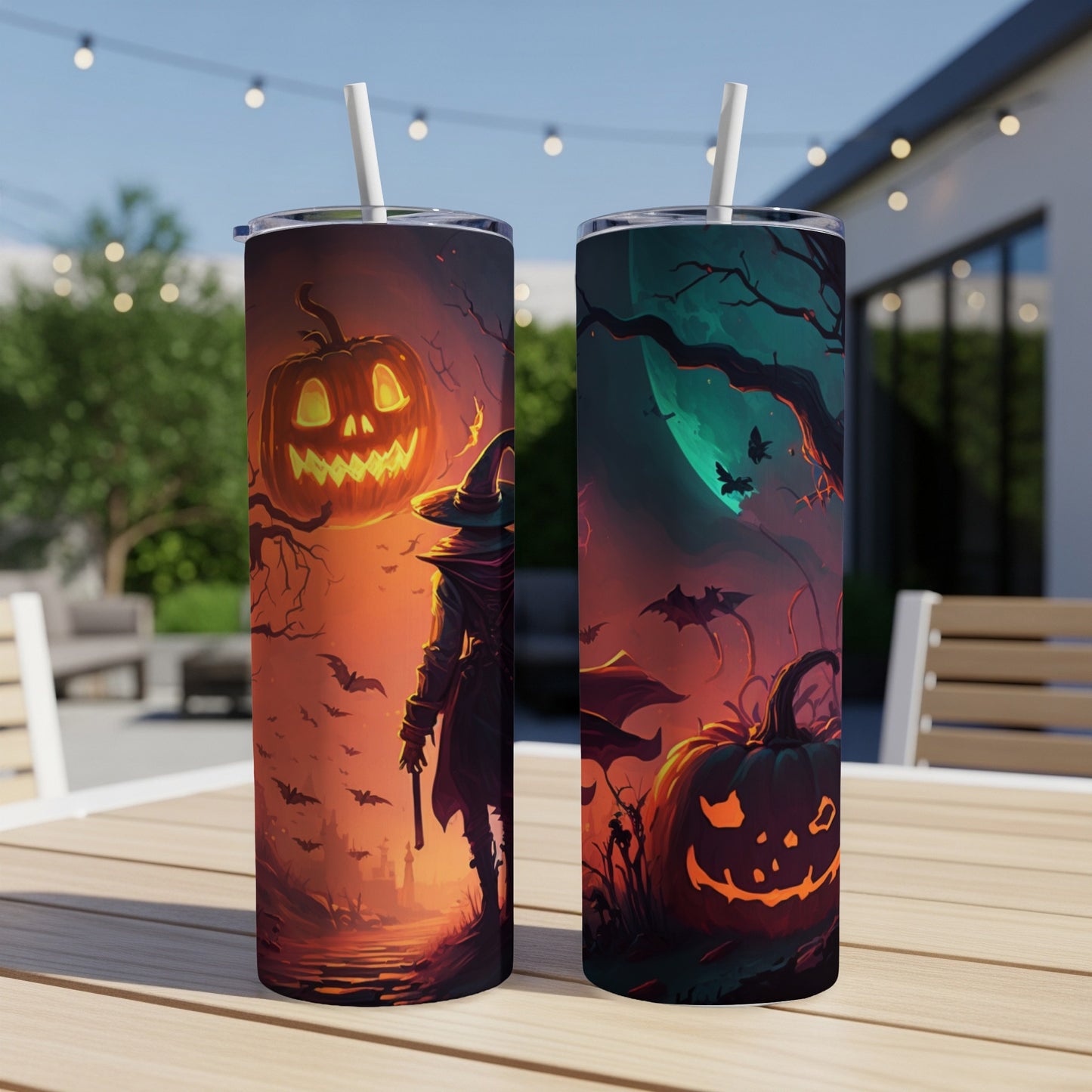 Two Halloween-themed tumblers with spooky pumpkin and witch designs.