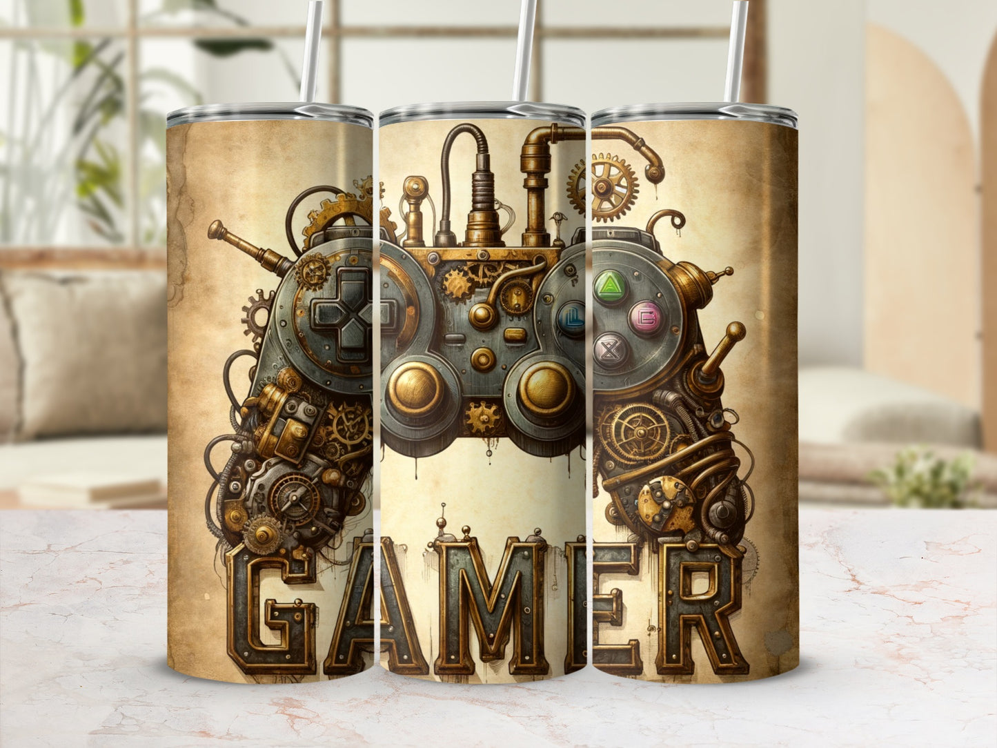 Steampunk video game controller with "GAMER" text against a blurred background.