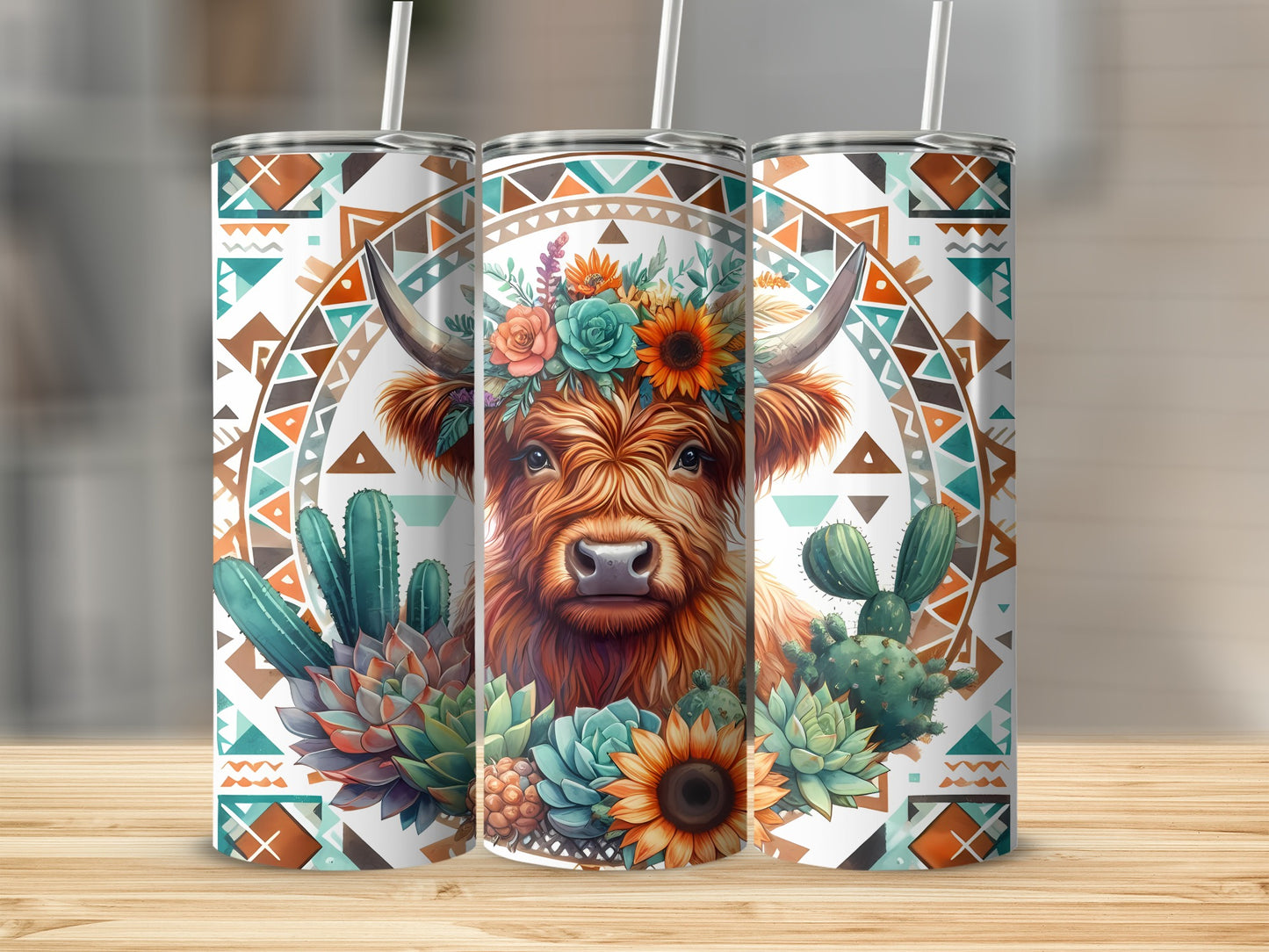 Highland cow with floral crown and cacti on patterned tumbler.