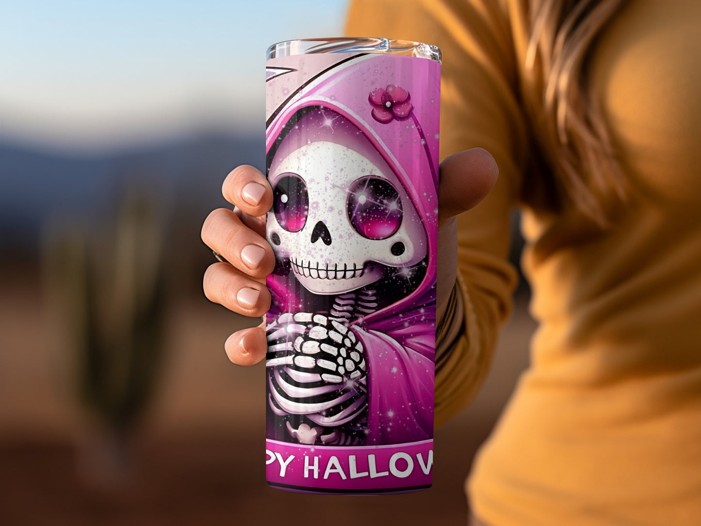 Cute Skeleton With Pink Hood Design Halloween Cup