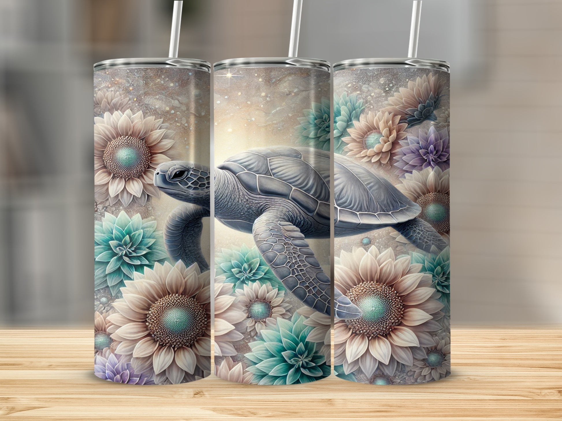 Turtle with Floral Fantasy Design Tumbler