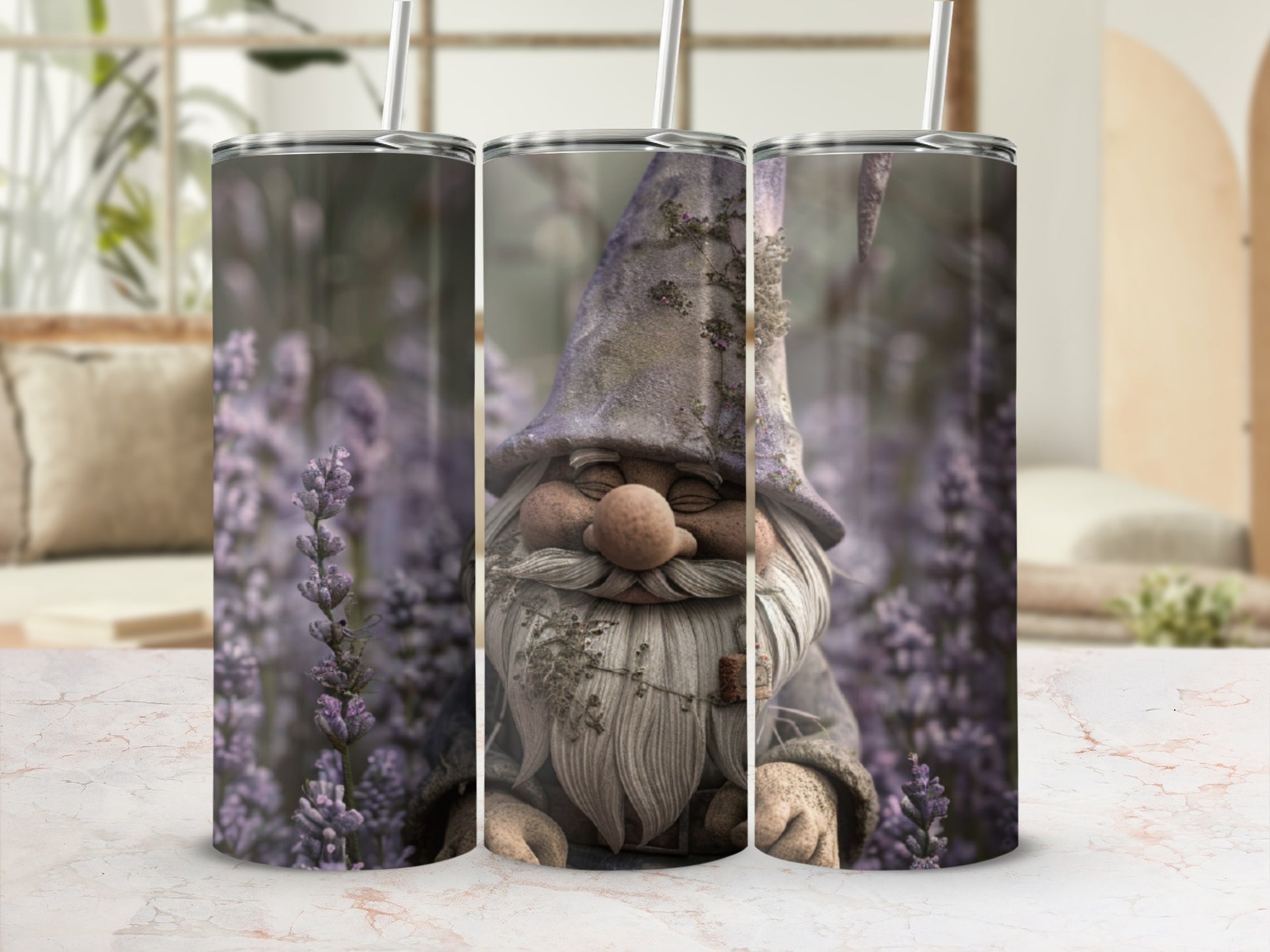Gnome with purple hat and beard, smoking, surrounded by lavender.