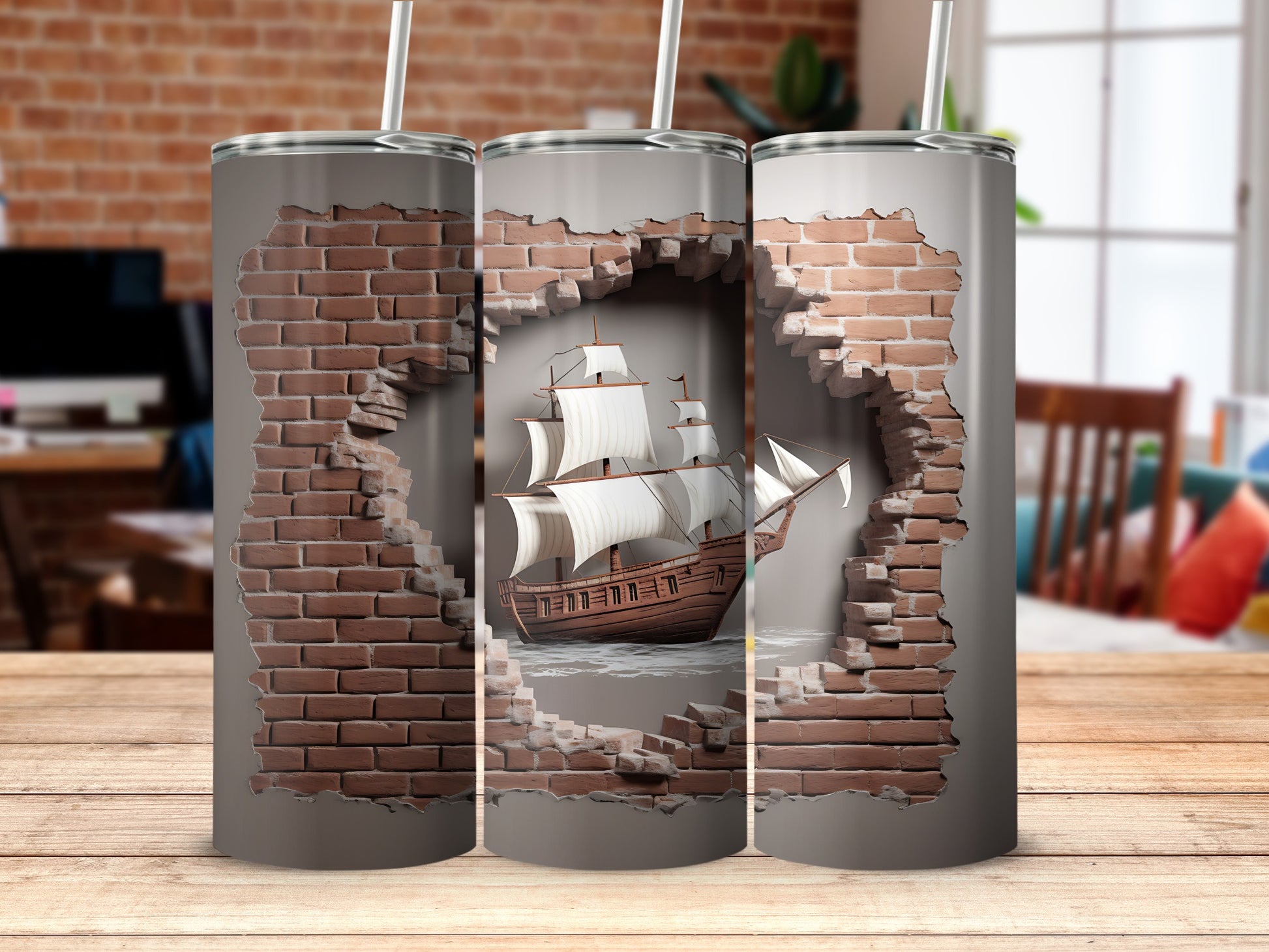 Adventure Awaits Ship Through Brick Wall tumbler