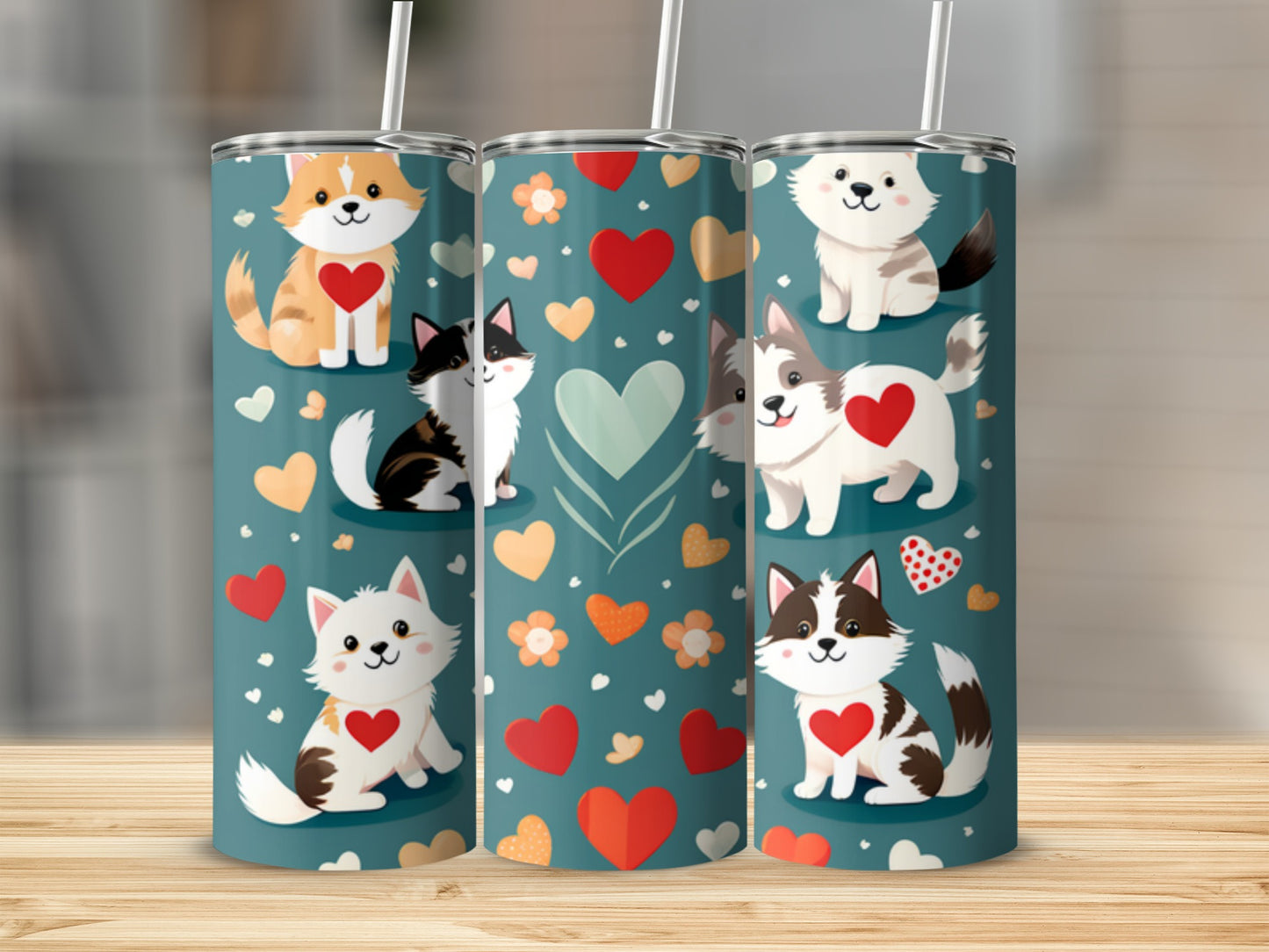 Three tumblers with cartoon cats and hearts, on a wooden surface.