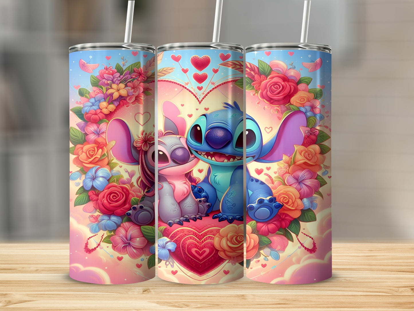 Stitch and Angel in heart surrounded by flowers and clouds.