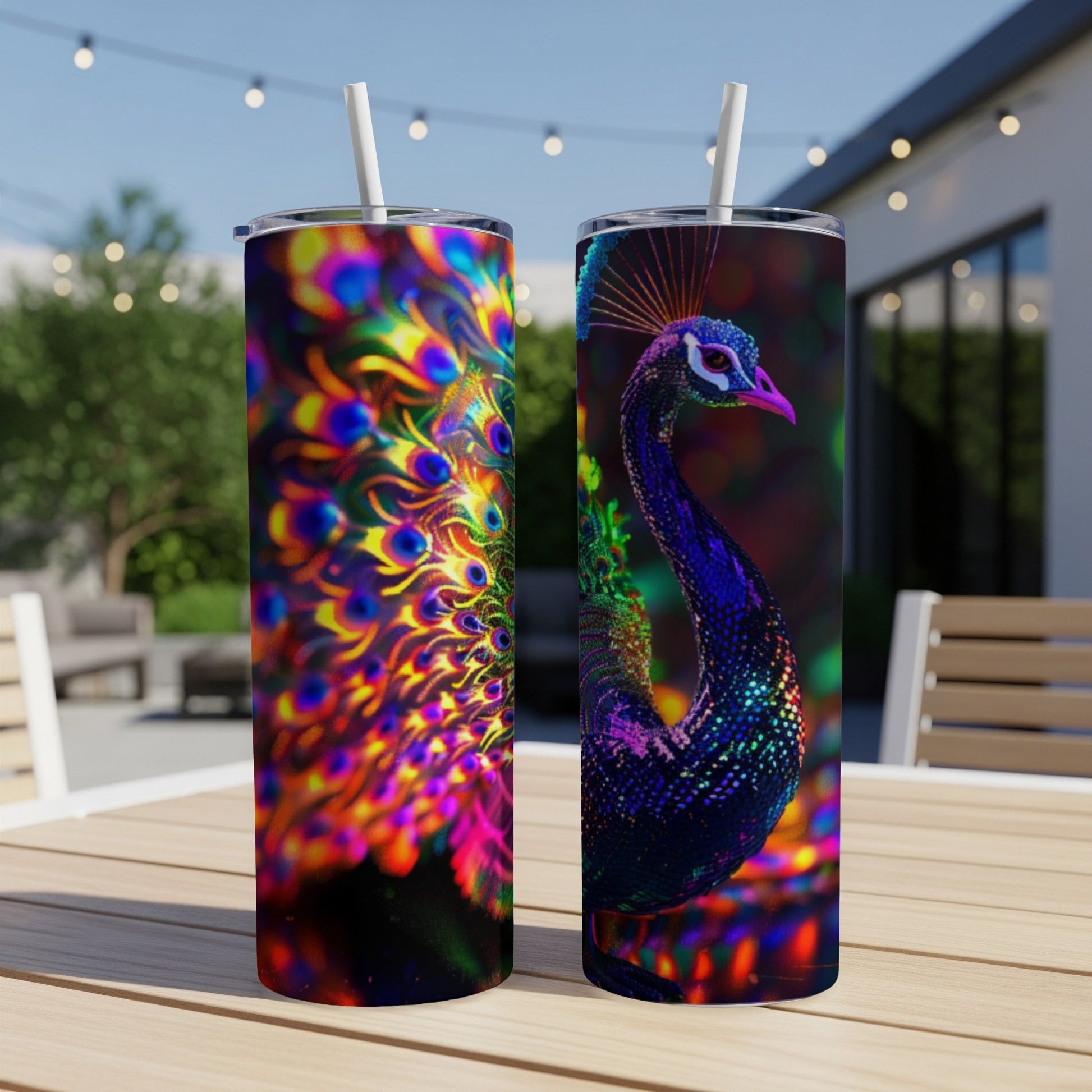 Two colorful tumblers featuring a peacock design, one with a fanned tail.