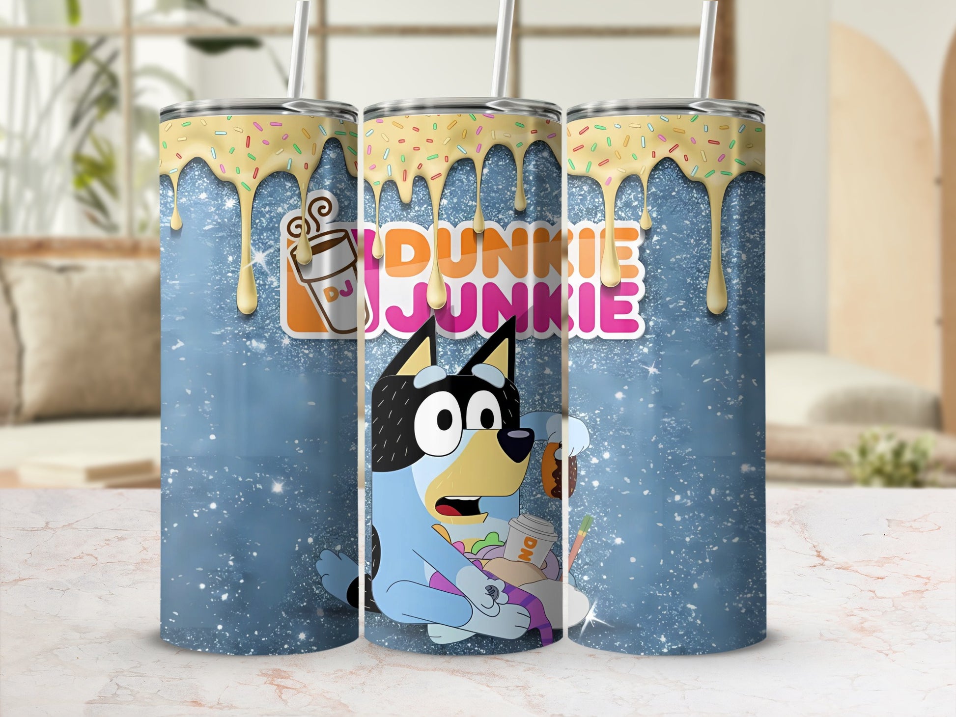 Adorable Dunks Junkie Design Blue Glitter Tumbler