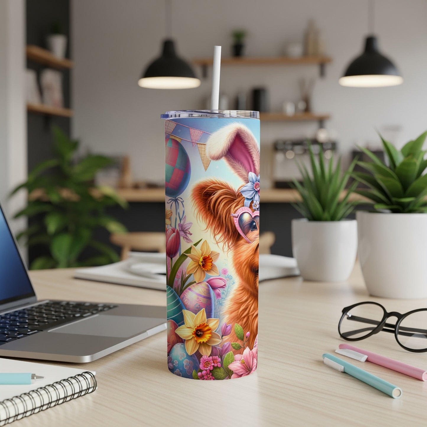 Easter bunny dog tumbler with flowers and eggs.