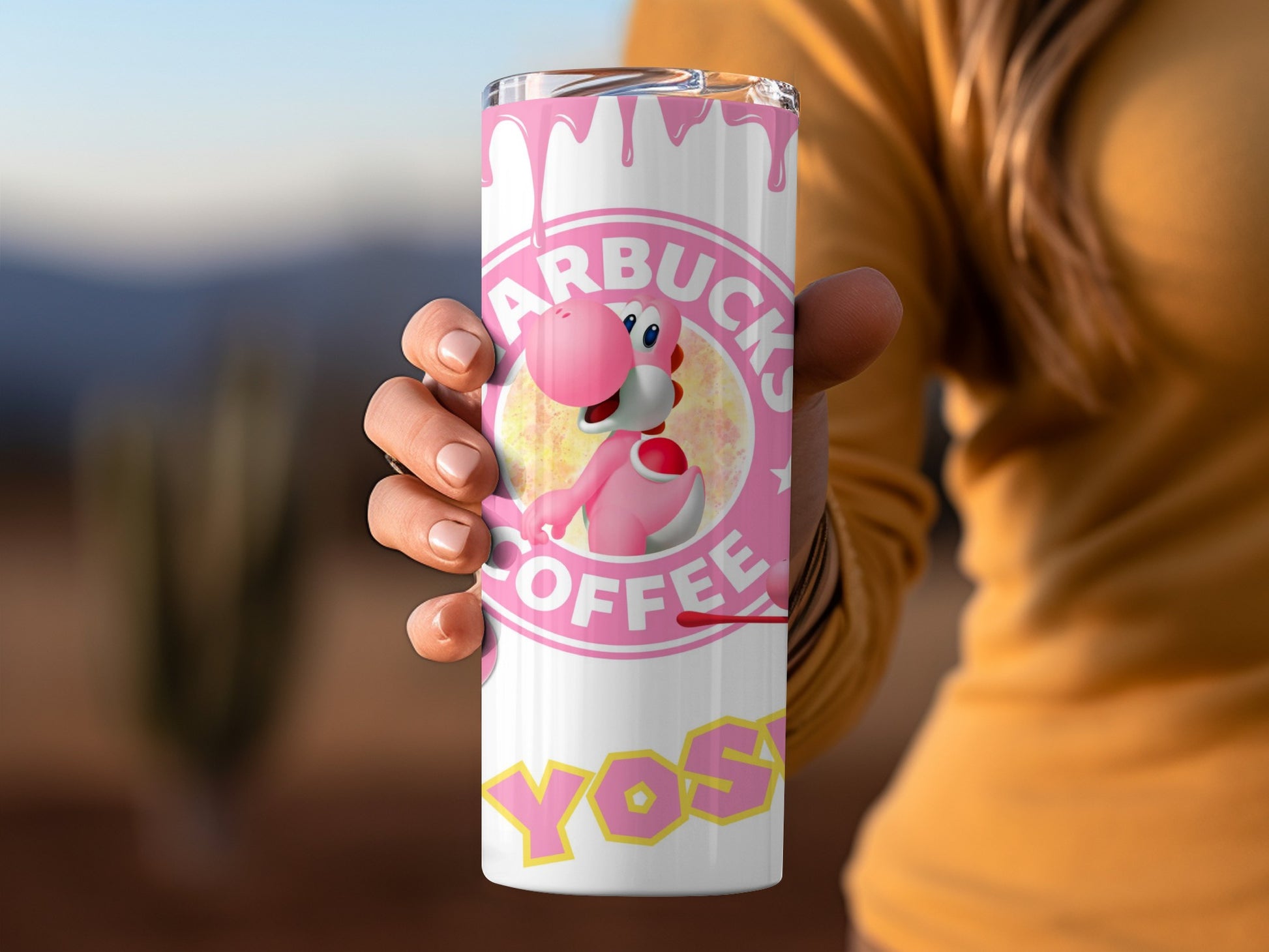 Pink Yoshi Starbucks Coffee Graphic Tumbler Design