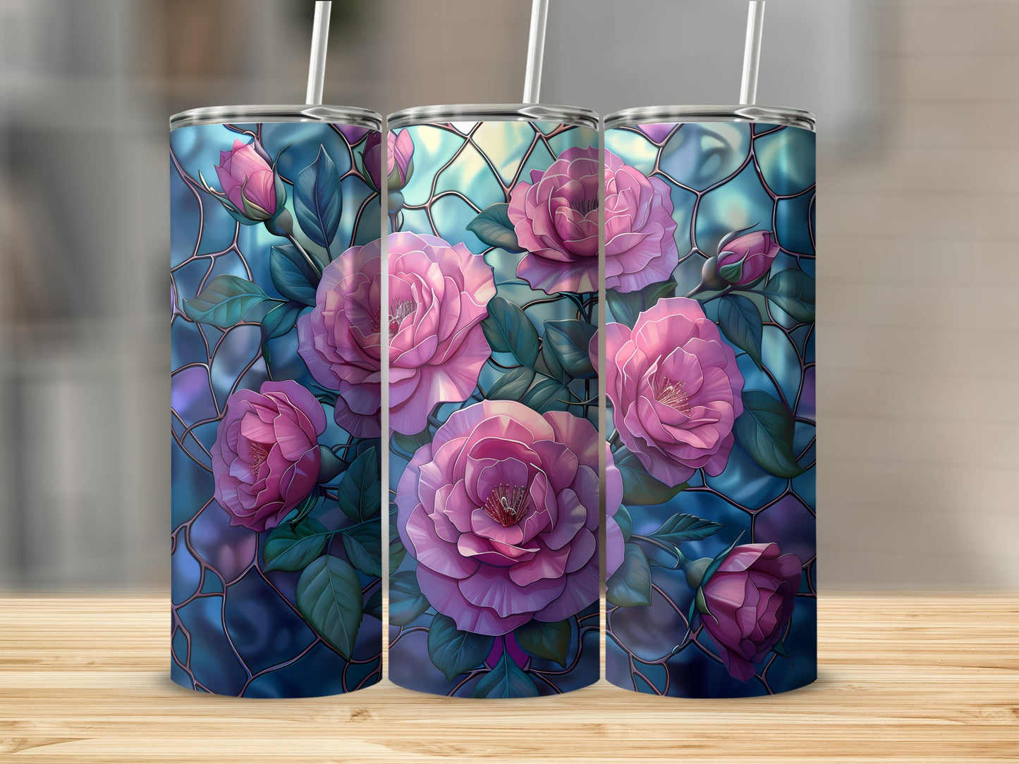 Three tumblers with pink roses and a stained-glass pattern.