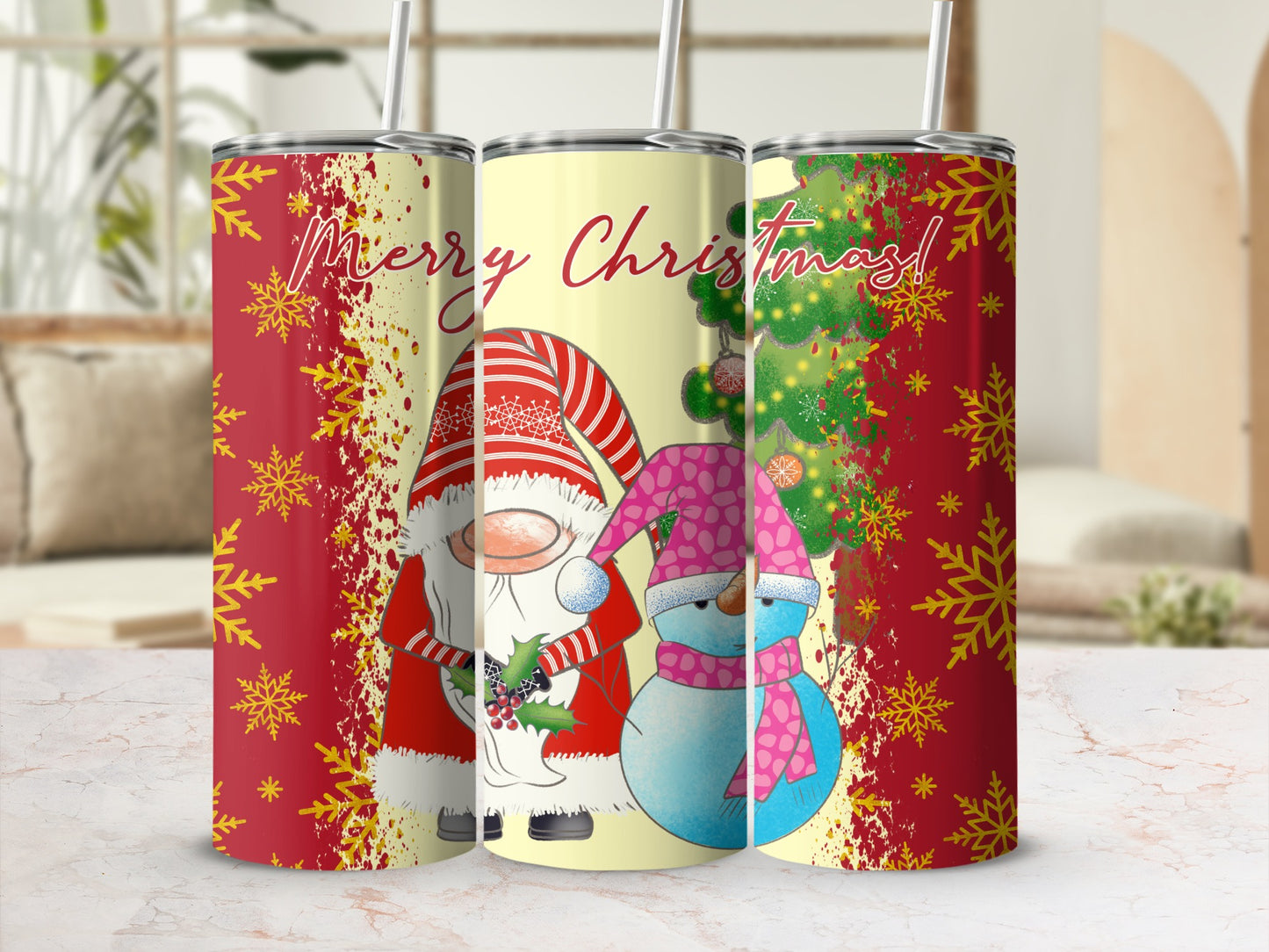 Christmas gnome and snowman design on three tumblers with snowflakes and trees.