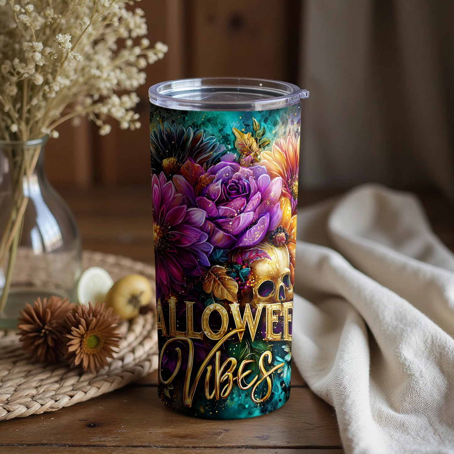 Festive Halloween Vibes Skull and Flowers Tumbler