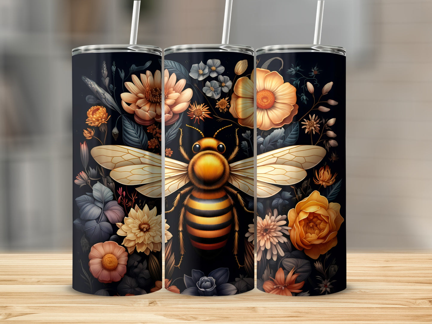 Bee and floral design on a black tumbler.