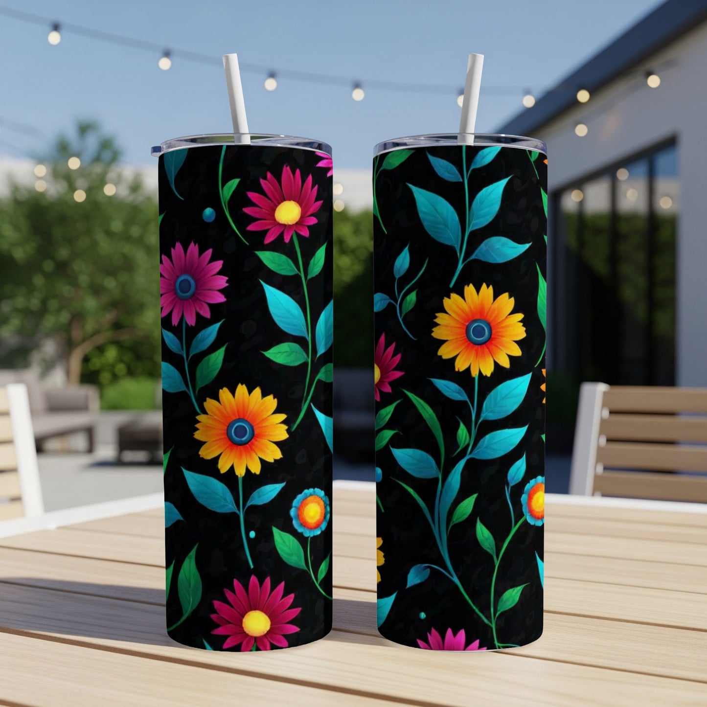 Two black tumblers with vibrant floral pattern and straws on a table.