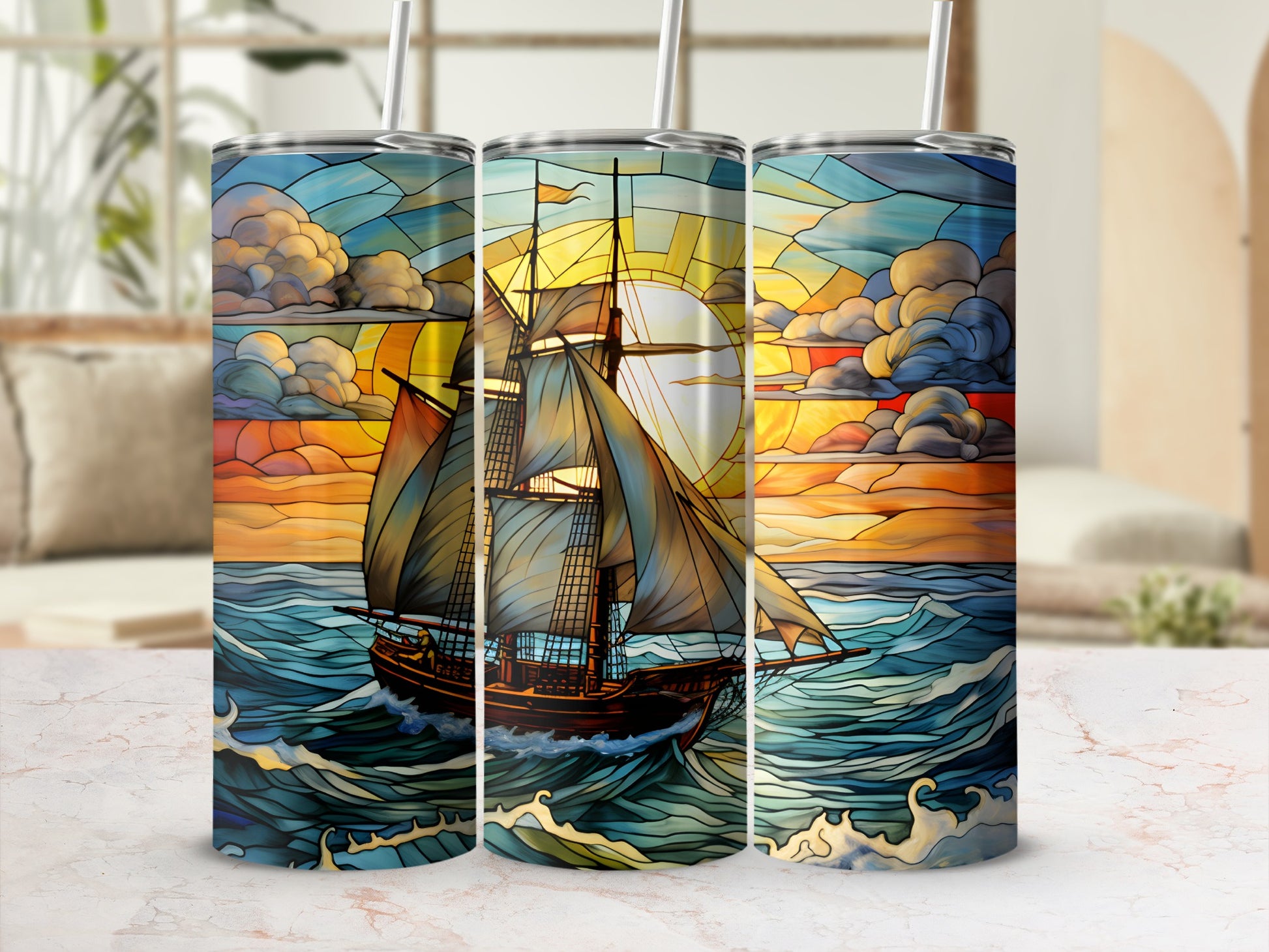 Stained glass tumbler featuring a tall ship sailing at sunset.