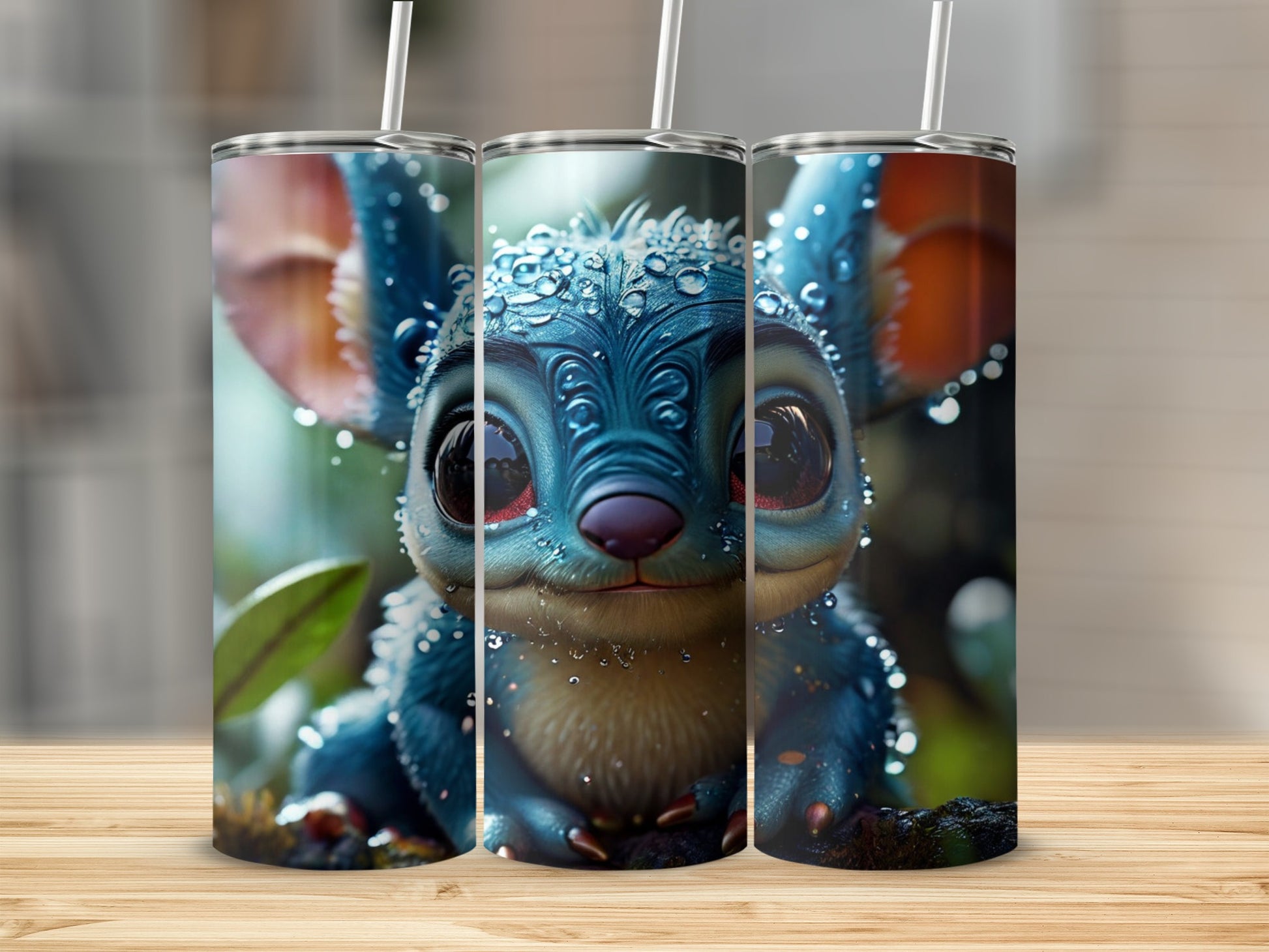 Three tumblers featuring a cute blue alien creature with large ears and water droplets.