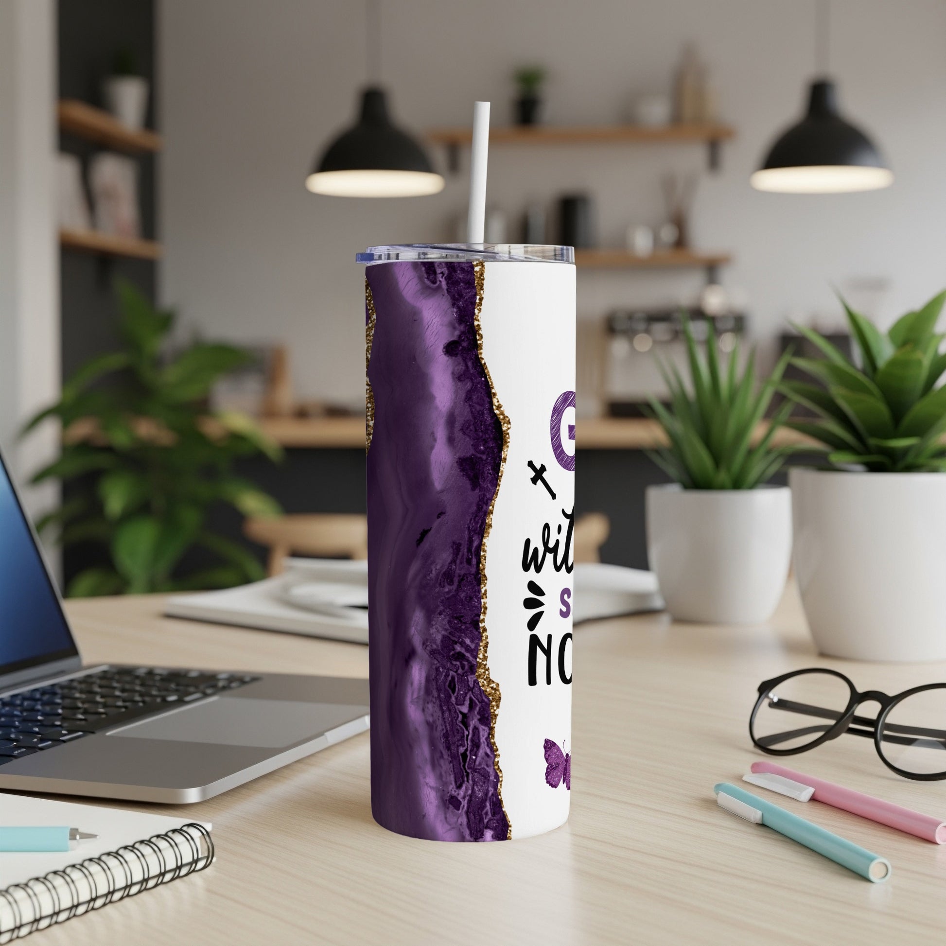 White tumbler with purple agate design and text "Go with the S mow".