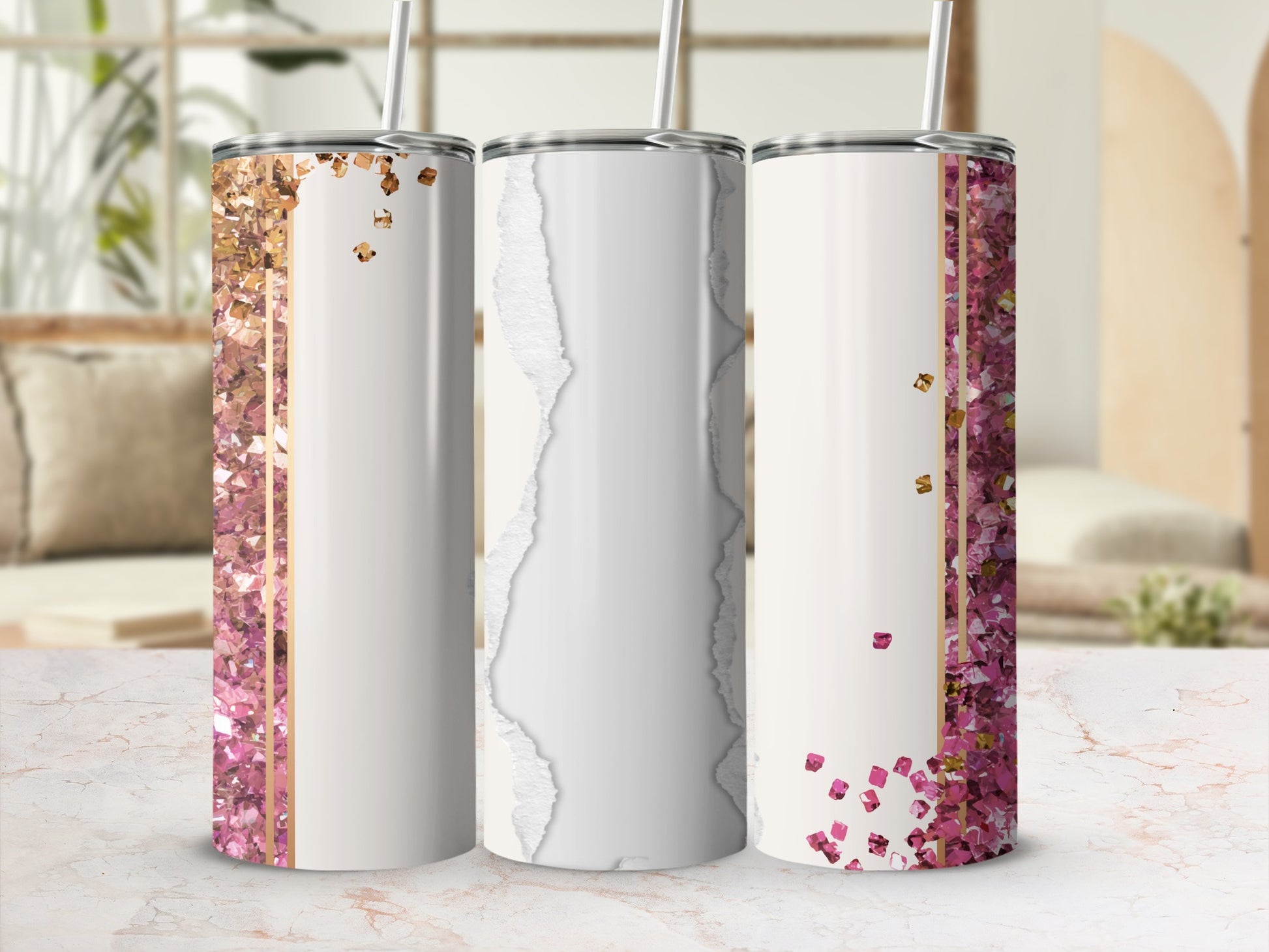 Three skinny tumblers with rose gold glitter and torn paper designs.