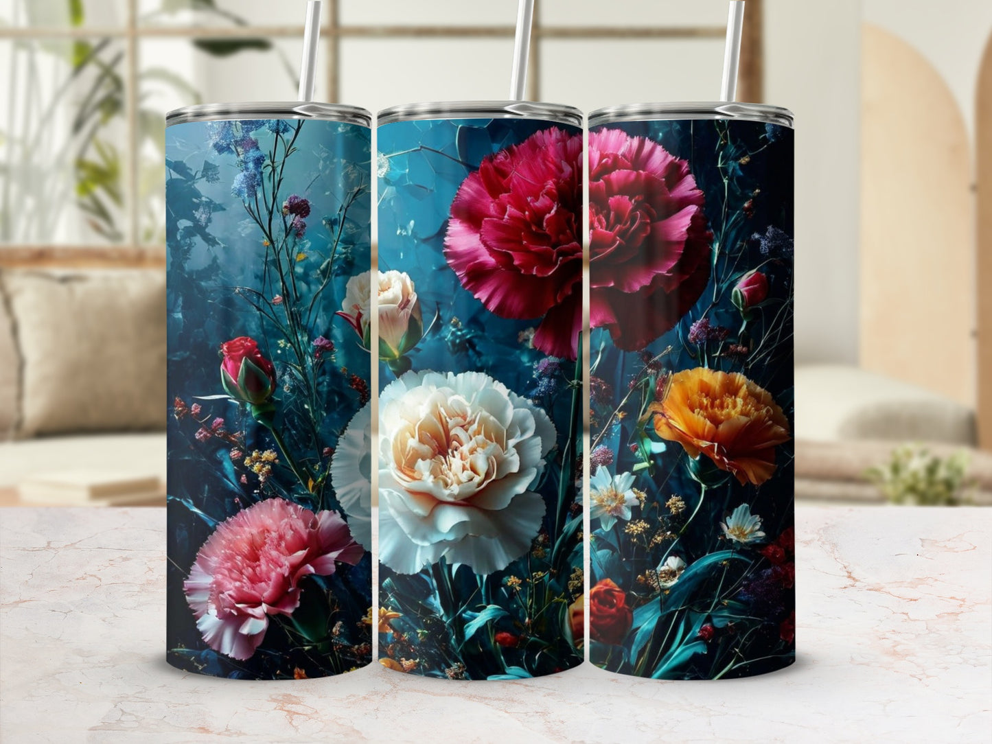 Tumbler featuring close-up botanical art of vibrant pink, cream, and orange peonies.