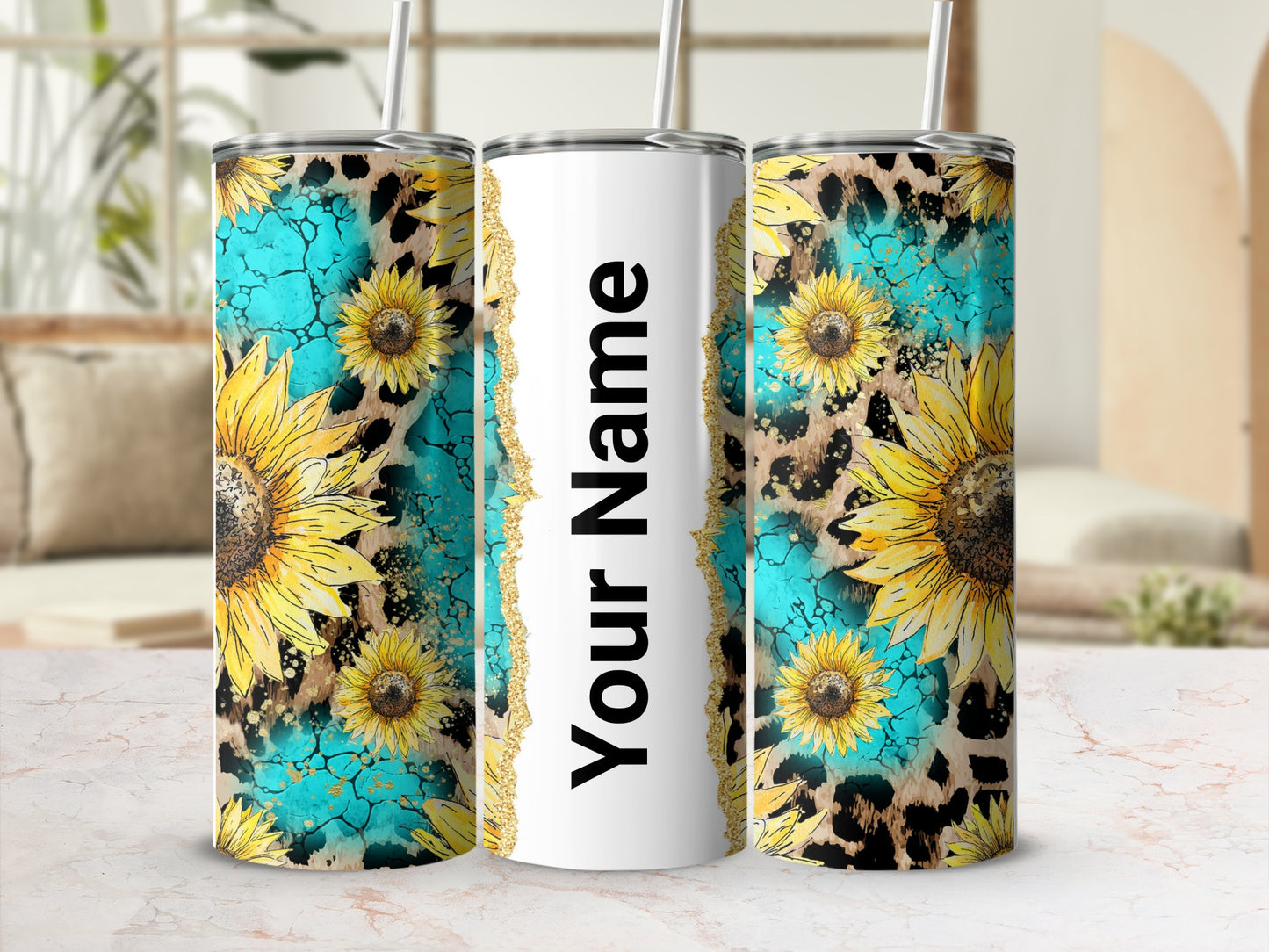 Personalized Sunflower Leopard Print Tumbler with Straw