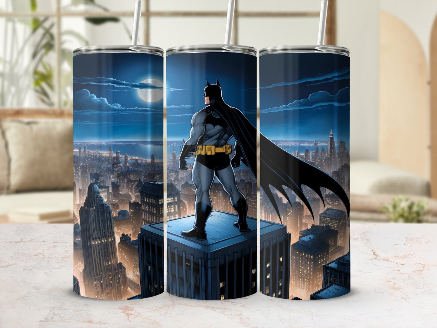 Batman standing on a rooftop overlooking a city at night.