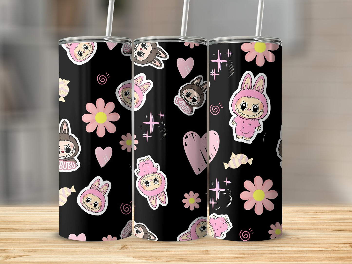 Cute Cartoon Bunny Heart Flower Pattern Tumbler Cup