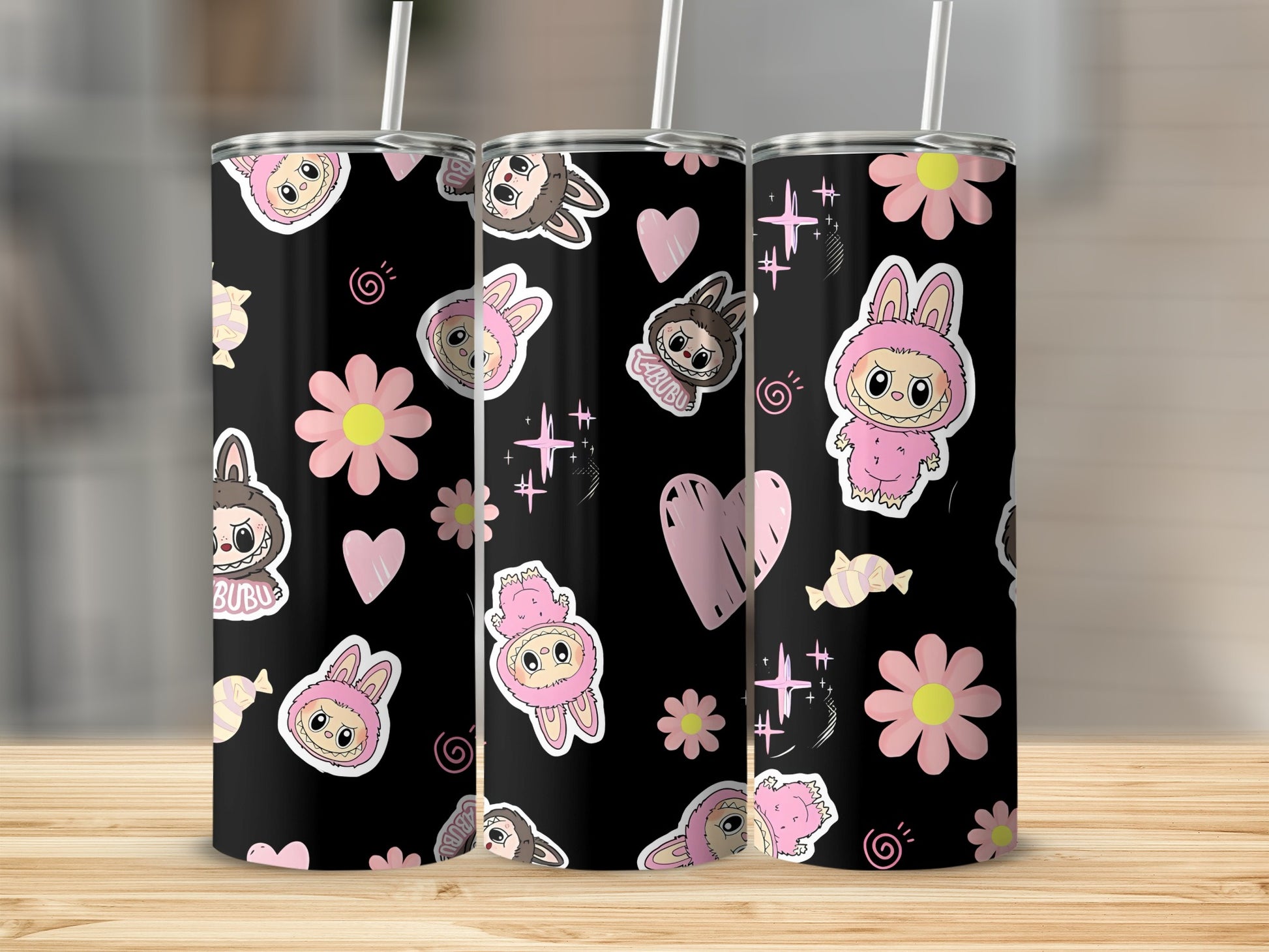 Cute Cartoon Bunny Heart Flower Pattern Tumbler Cup