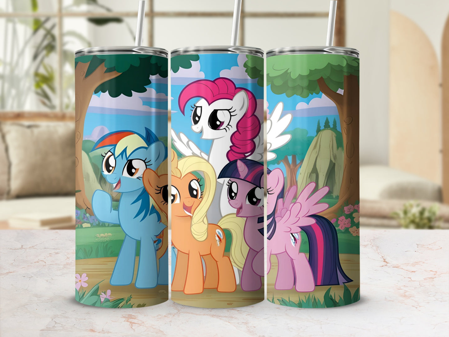 My Little Pony characters Rainbow Dash, Applejack, Pinkie Pie, and Twilight Sparkle on tumblers.