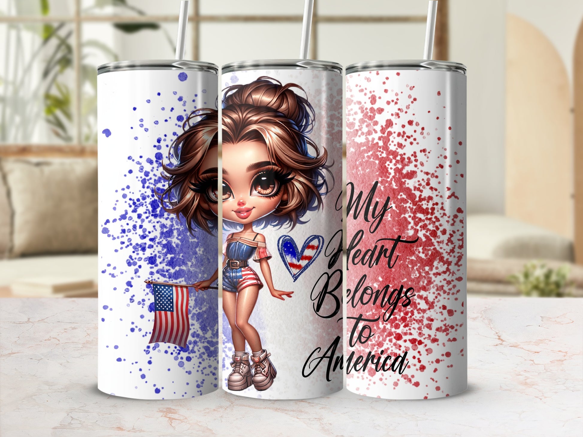 Girl in patriotic outfit holding American flag, "My Heart Belongs to America" text.
